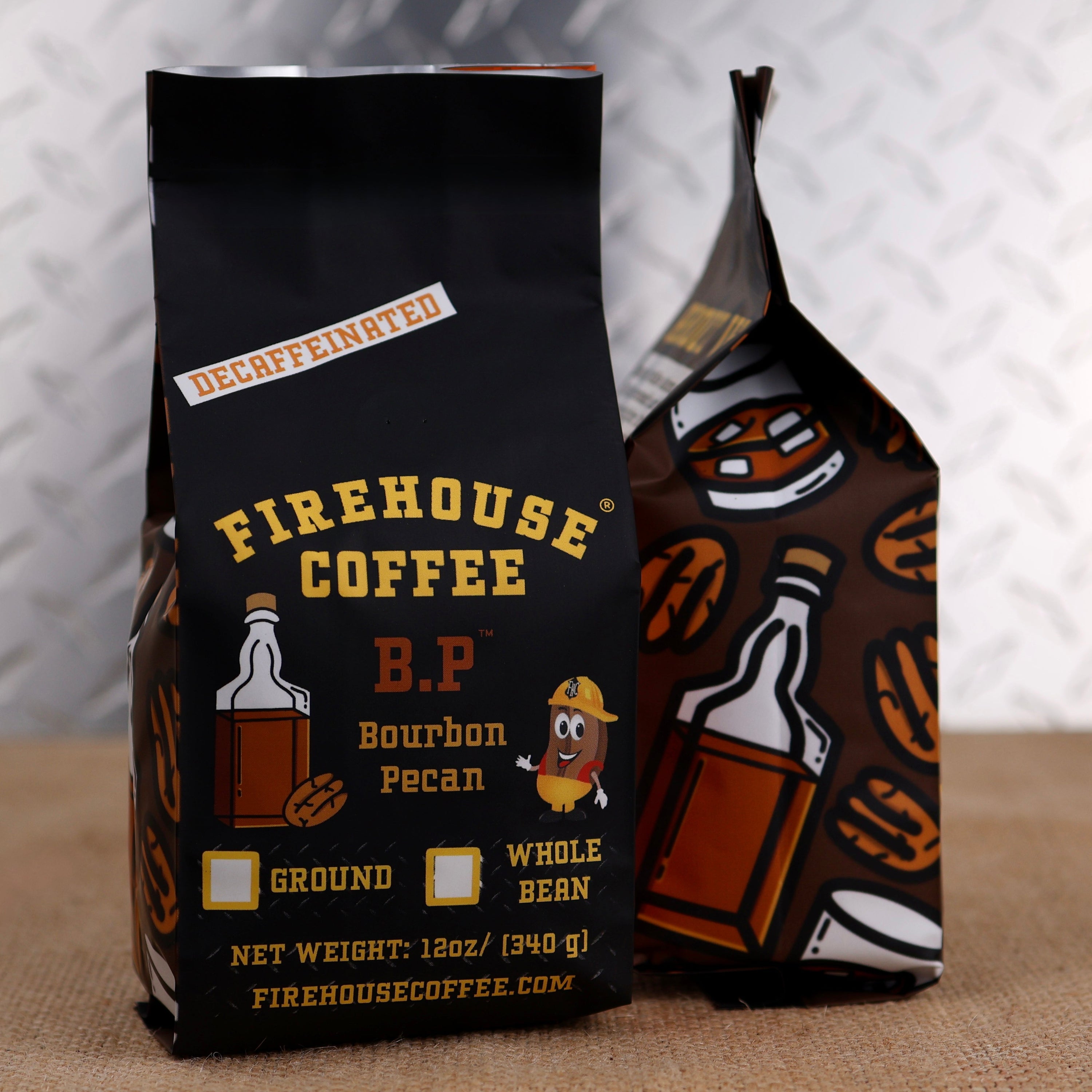 Firehouse Coffee Decaf Bourbon Pecan flavored coffee in a 12oz  bag offers the smooth taste of bourbon-inspired flavor and roasted pecans in a rich, freshly roasted gourmet decaffeinated coffee.