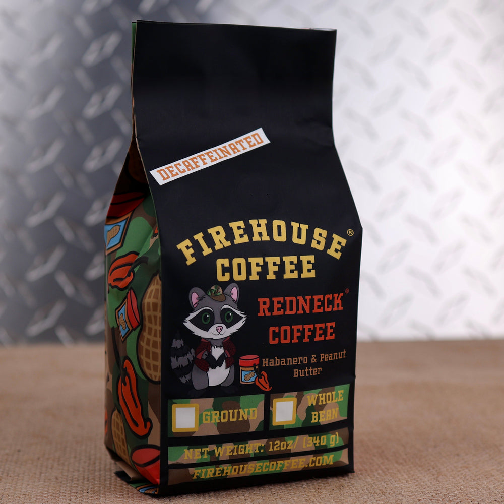 12oz bag of Firehouse Coffee Decaf Redneck Coffee featuring habanero and peanut butter flavored coffee, Swiss Water Process decaf made from premium 100% Arabica beans and roasted fresh.
