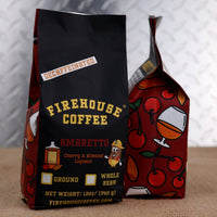 Firehouse Coffee Decaf Amaretto flavored coffee in a 12 oz bag featuring rich cherry and almond liqueur flavor. Freshly roasted decaffeinated gourmet coffee available in whole bean or ground.