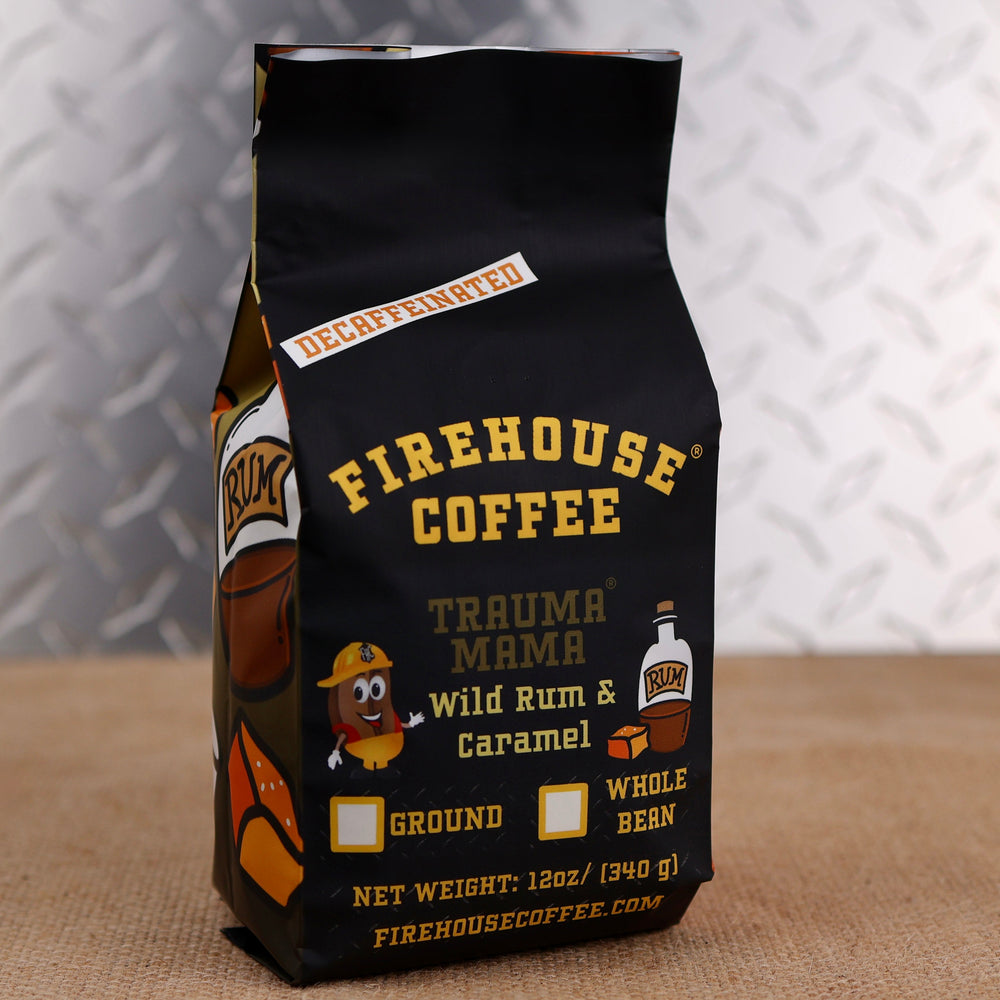 Firehouse Coffee Trauma Mama™ Decaf Wild Rum & Caramel flavored coffee in a 12 oz bag featuring rich wild rum-inspired flavor and buttery caramel. Freshly roasted gourmet decaffeinated coffee available in whole bean or ground.