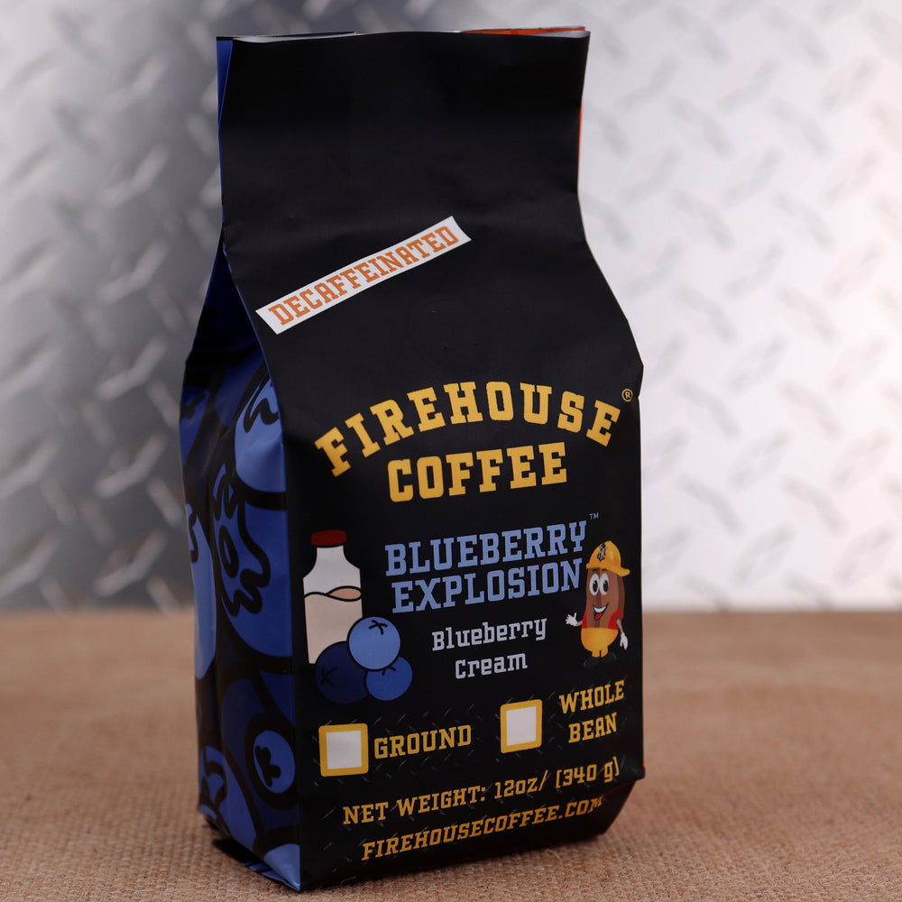 Premium Firehouse Coffee Blueberry Explosion™ Decaf Blueberry Cream flavored coffee with sweet blueberry and creamy vanilla notes. Freshly roasted gourmet decaffeinated coffee in a 12 oz bag.