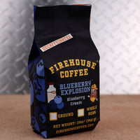 Premium Firehouse Coffee Blueberry Explosion™ Decaf Blueberry Cream flavored coffee with sweet blueberry and creamy vanilla notes. Freshly roasted gourmet decaffeinated coffee in a 12 oz bag.