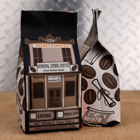 Firehouse Coffee General Store Decaf Brazil medium roast coffee bag, made with Swiss Water Process decaffeinated Brazilian beans for a smooth, low-acid cup with chocolate and roasted nut notes.
