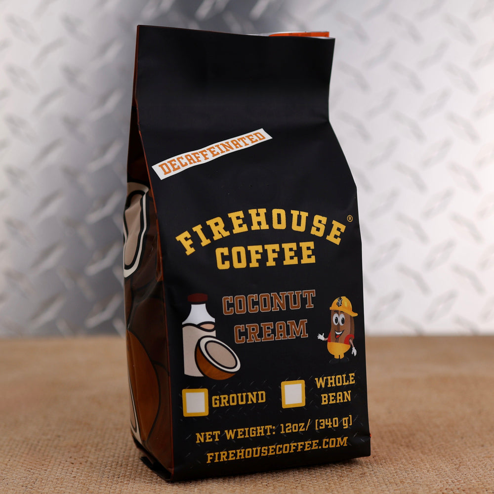 Firehouse Coffee Decaf Coconut Cream Flavored Coffee 12oz bag, Swiss Water Process decaffeinated premium Arabica coffee with rich coconut cream, smooth vanilla, and tropical flavor, freshly roasted in small batches.