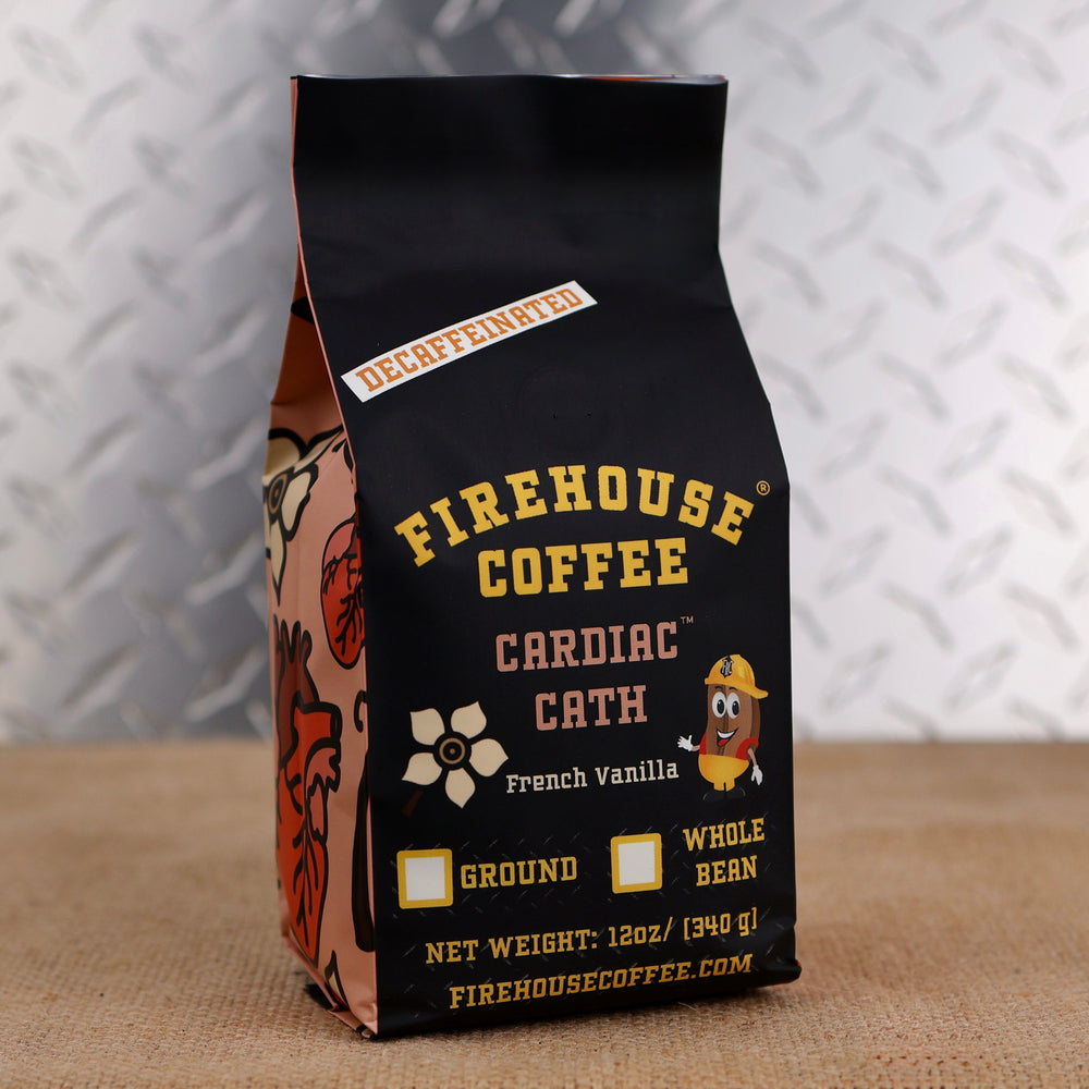 12oz bag of Firehouse Coffee Decaf French Vanilla Custard coffee featuring smooth French vanilla flavor, Swiss Water Process decaf coffee made from premium 100% Arabica beans.