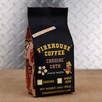 12oz bag of Firehouse Coffee Decaf French Vanilla Custard coffee featuring smooth French vanilla flavor, Swiss Water Process decaf coffee made from premium 100% Arabica beans.