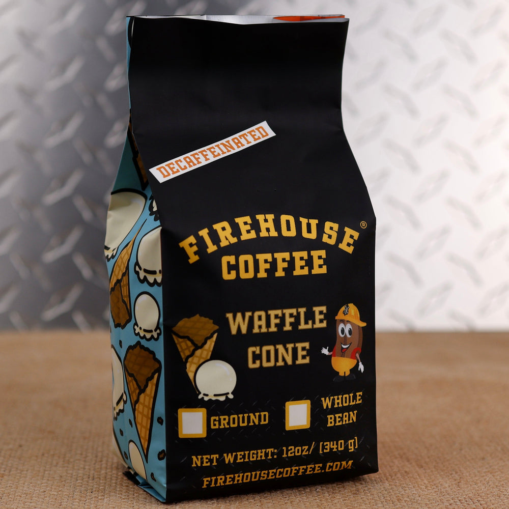 Firehouse Coffee Decaf Waffle Cone coffee blends the nostalgic flavor of creamy vanilla ice cream and crisp waffle cone into a smooth, freshly roasted decaffeinated gourmet coffee.