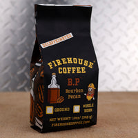 Firehouse Coffee B.P. Decaf Bourbon Pecan coffee in a 12oz bag combines sweet bourbon-inspired notes with rich roasted pecan flavor. Available in freshly roasted whole bean or ground coffee.