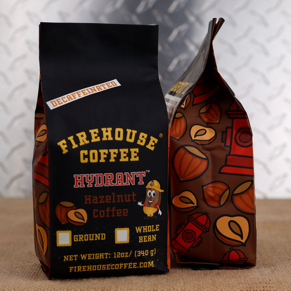Firehouse Coffee Decaf Hazelnut Flavored Coffee 12oz bag, Swiss Water Process decaffeinated premium Arabica coffee with rich roasted hazelnut flavor, freshly roasted in small batches.