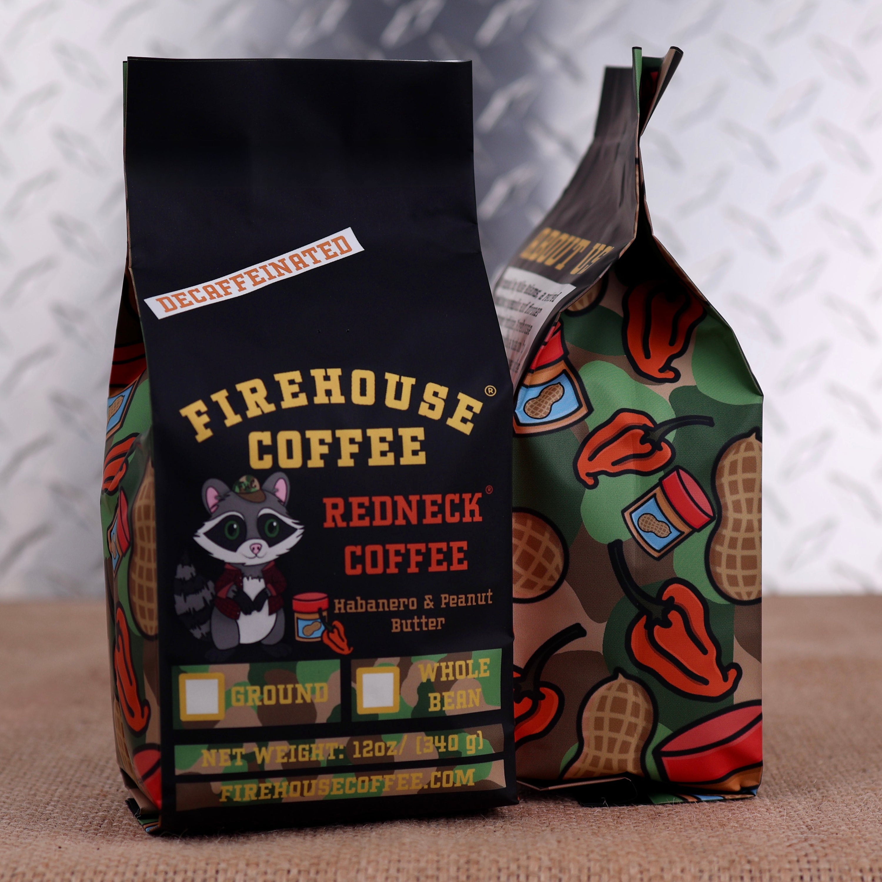 Firehouse Coffee Decaf Redneck Coffee Habanero Peanut Butter Flavored Coffee 12oz bag, Swiss Water Process decaffeinated premium Arabica coffee with creamy peanut butter and subtle habanero pepper flavor, freshly roasted.