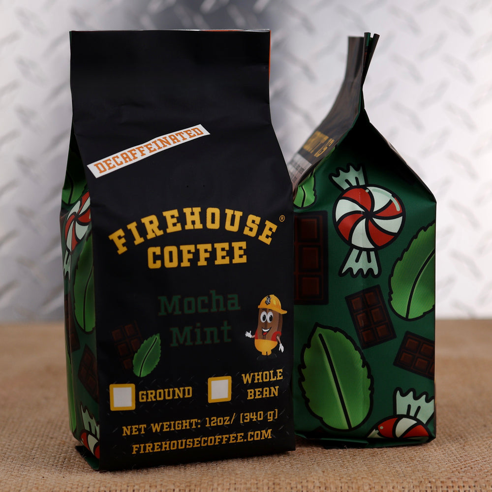 Firehouse Coffee Decaf Mocha Mint Flavored Coffee 12oz bag, Swiss Water Process decaffeinated premium Arabica coffee with rich milk chocolate and refreshing peppermint flavors, freshly roasted in small batches.