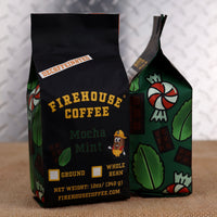 Firehouse Coffee Decaf Mocha Mint Flavored Coffee 12oz bag, Swiss Water Process decaffeinated premium Arabica coffee with rich milk chocolate and refreshing peppermint flavors, freshly roasted in small batches.