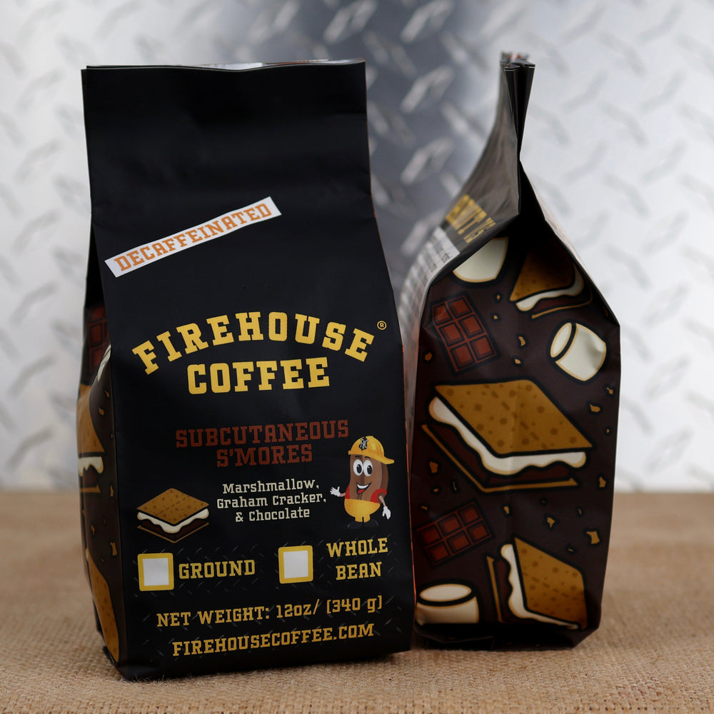 Firehouse Coffee Decaf S'mores Flavored Coffee 12oz bag, Swiss Water Process decaffeinated premium Arabica coffee with toasted marshmallow, milk chocolate, and graham cracker flavors, freshly roasted in small batches.