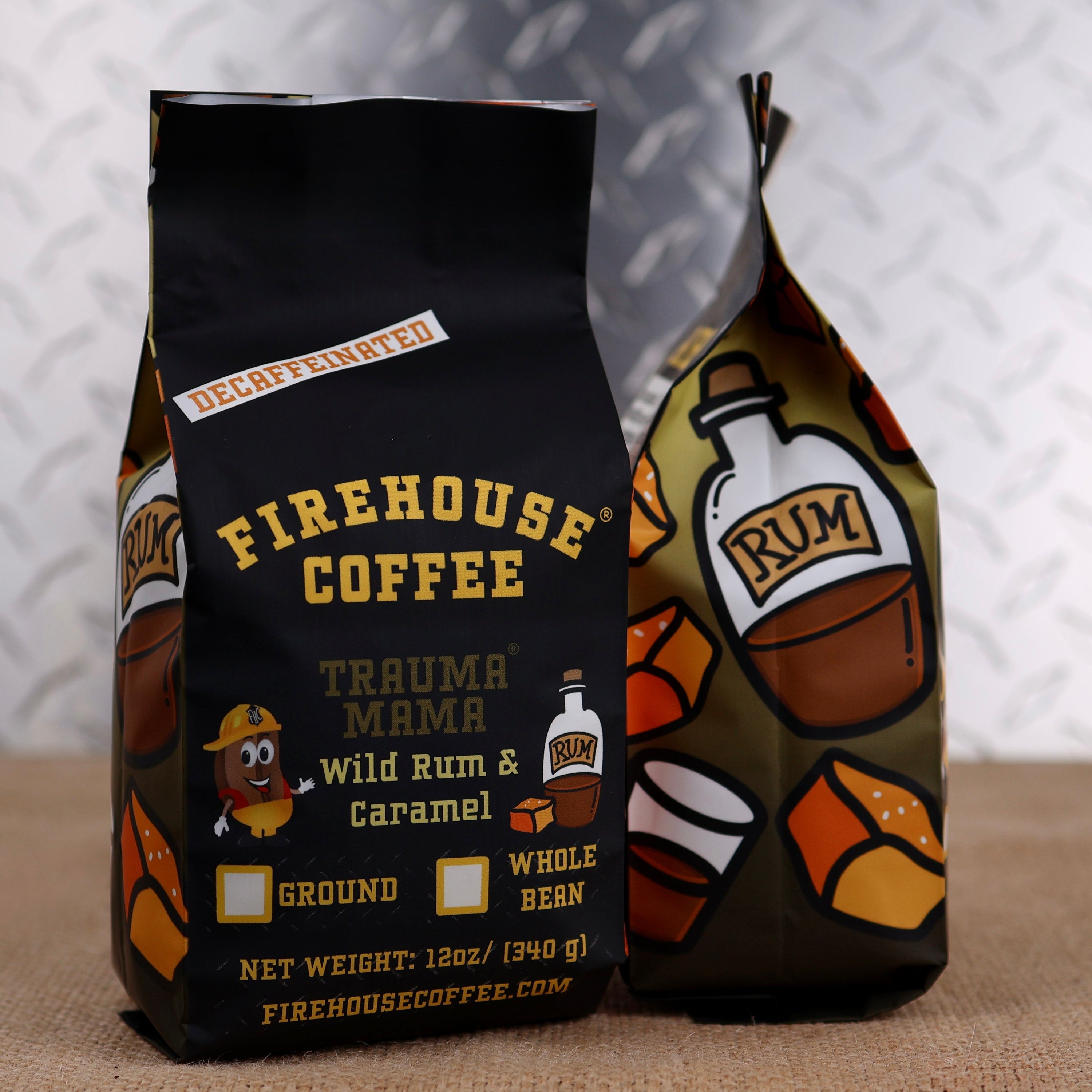 Firehouse Coffee Trauma Mama™ Decaf coffee combines bold wild rum-inspired flavor with creamy caramel in a freshly roasted gourmet decaffeinated coffee. Available in whole bean or ground.