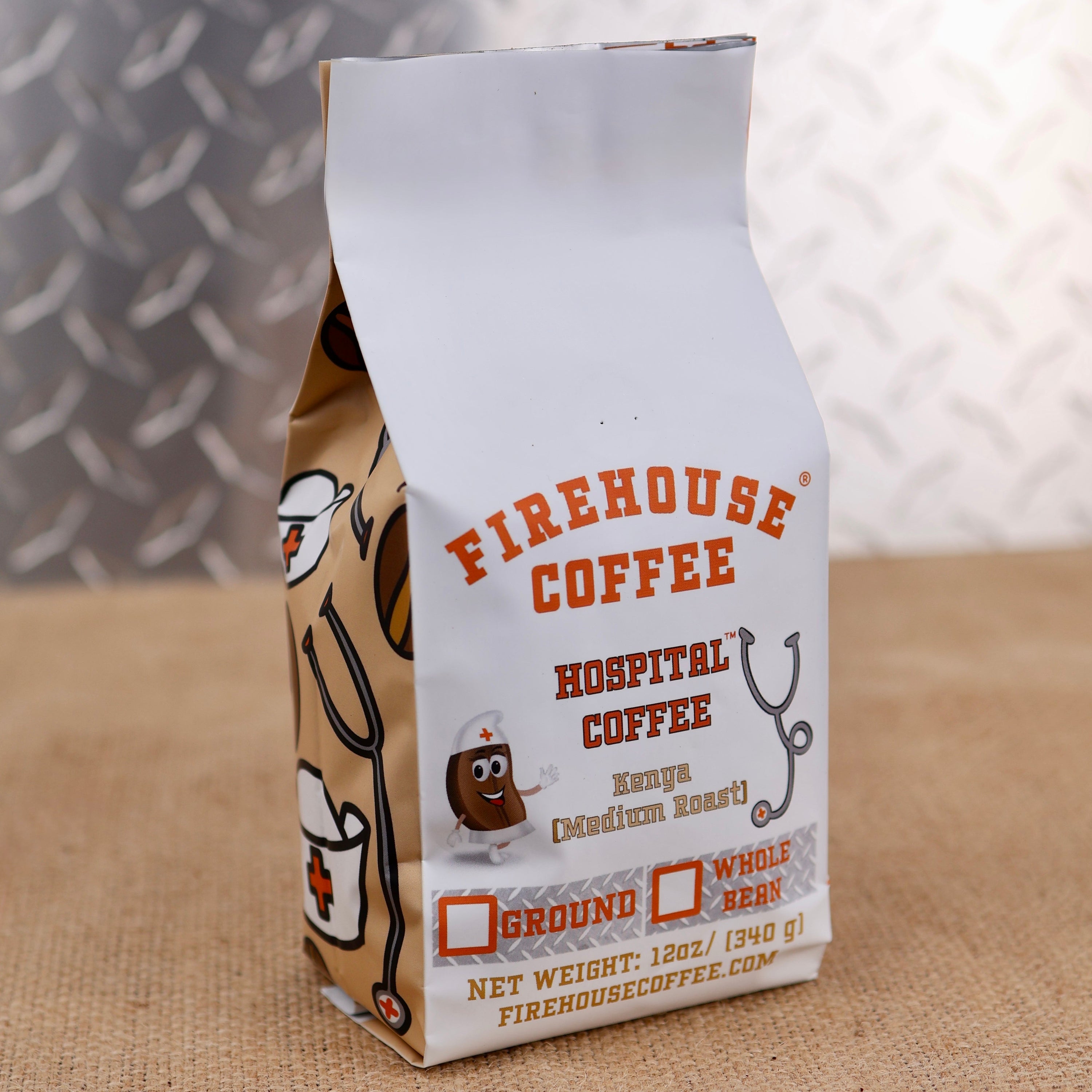 Hospital Coffee Kenya Medium Roast by Firehouse Coffee featuring a coffee nurse bean character, nursing cap, stethoscope, and premium fresh roasted Kenyan Arabica coffee