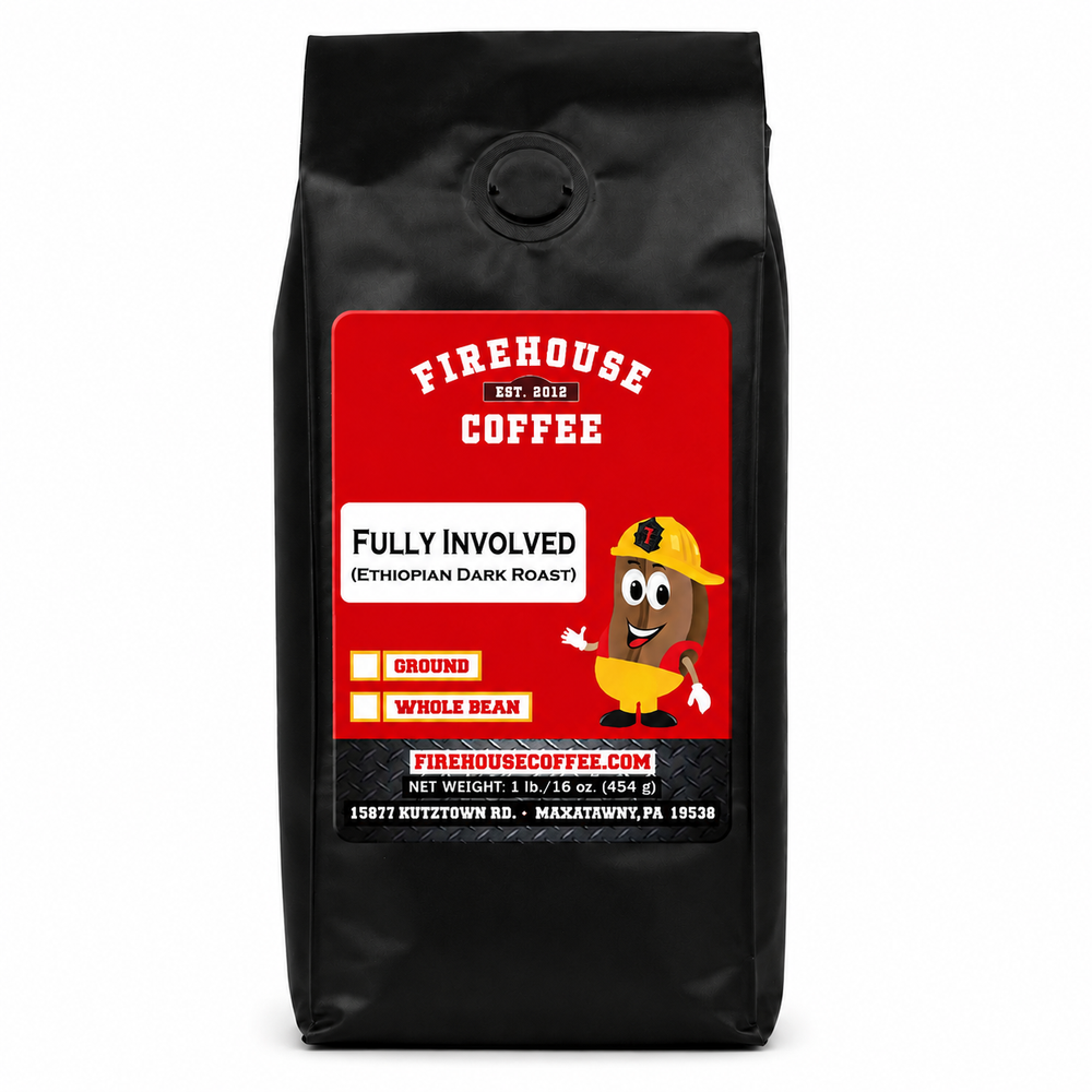 Firehouse Coffee Fully Involved Ethiopian Dark Roast coffee, available in whole bean or ground, packaged in a 1 lb bag. Small-batch roasted premium Ethiopian coffee with bold dark chocolate, berry, and roasted cocoa flavors.