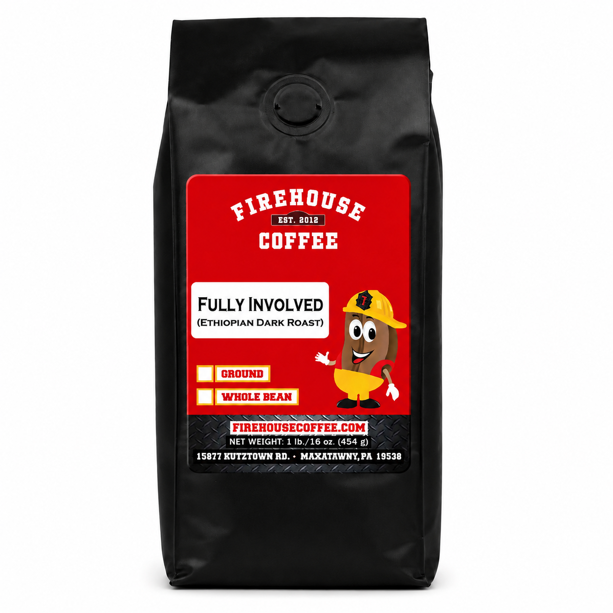 Firehouse Coffee Fully Involved Ethiopian Dark Roast coffee, available in whole bean or ground, packaged in a 1 lb bag. Small-batch roasted premium Ethiopian coffee with bold dark chocolate, berry, and roasted cocoa flavors.