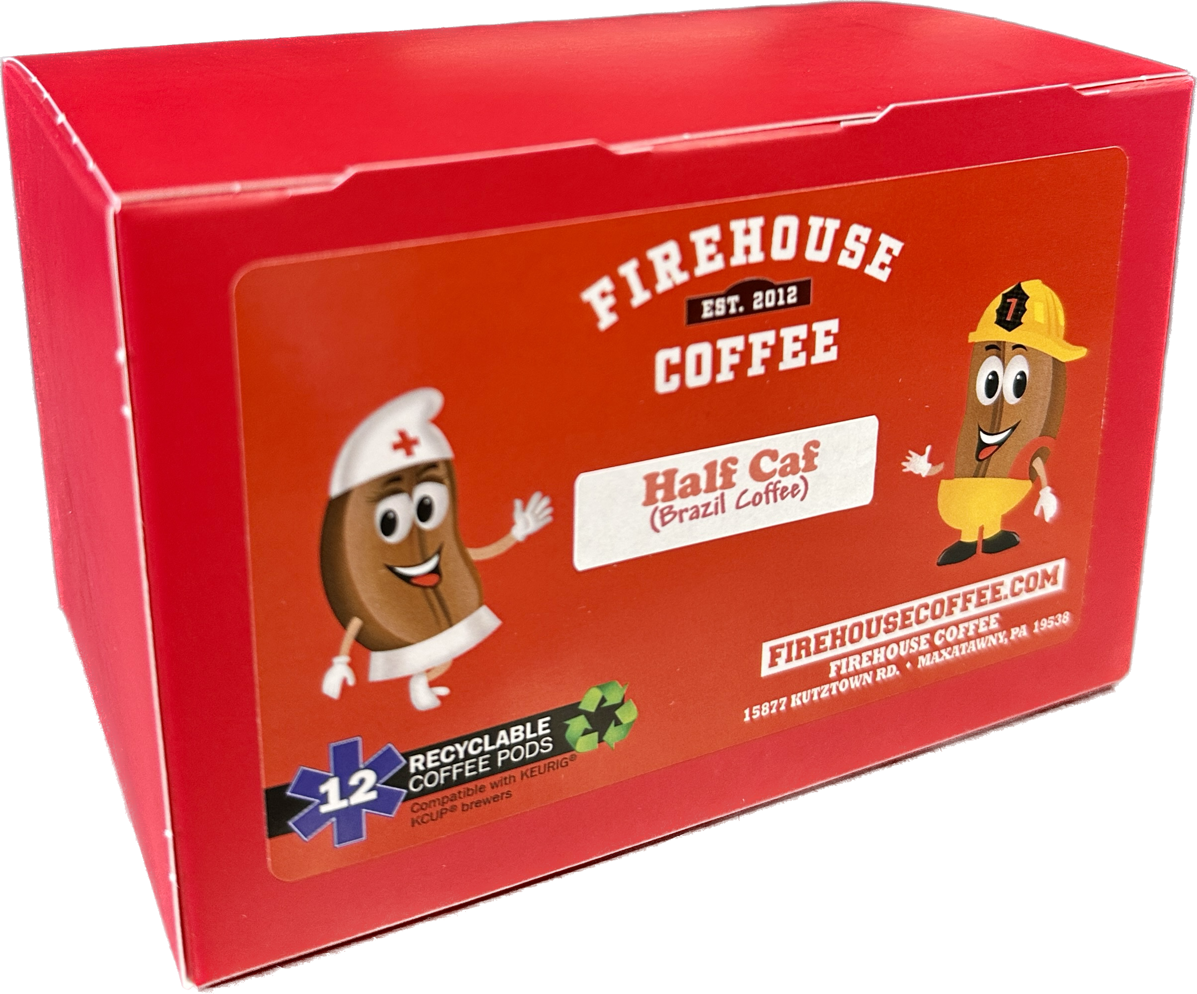 Firehouse Coffee Half Caff Brazil Coffee K-Cups featuring a 50% caffeine blend of fresh roasted Brazilian coffee with chocolate, caramel, and smooth medium roast flavor.