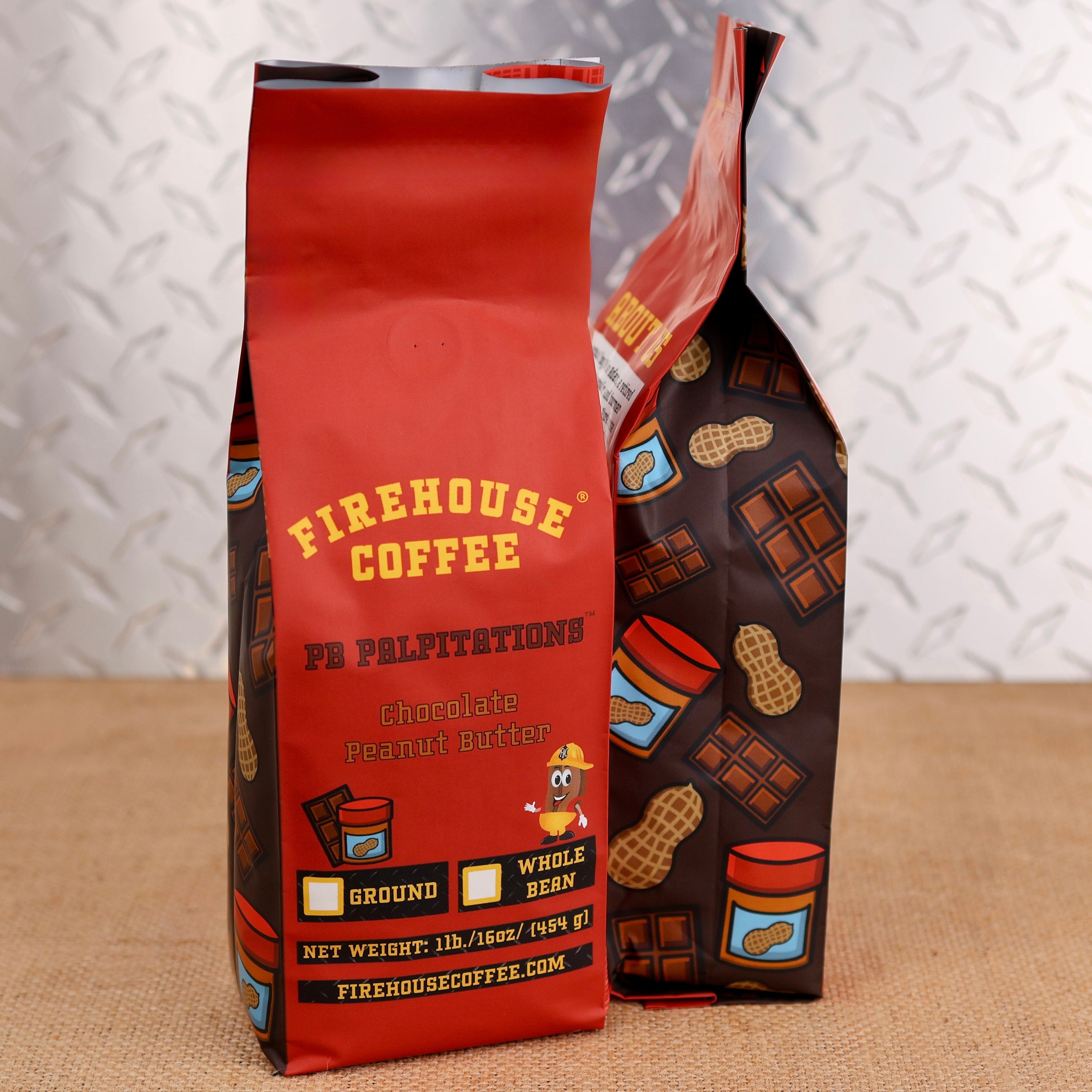 1 lb PB Palpitations Chocolate Peanut Butter Flavored Coffee bag with whole bean and ground options by Firehouse Coffee