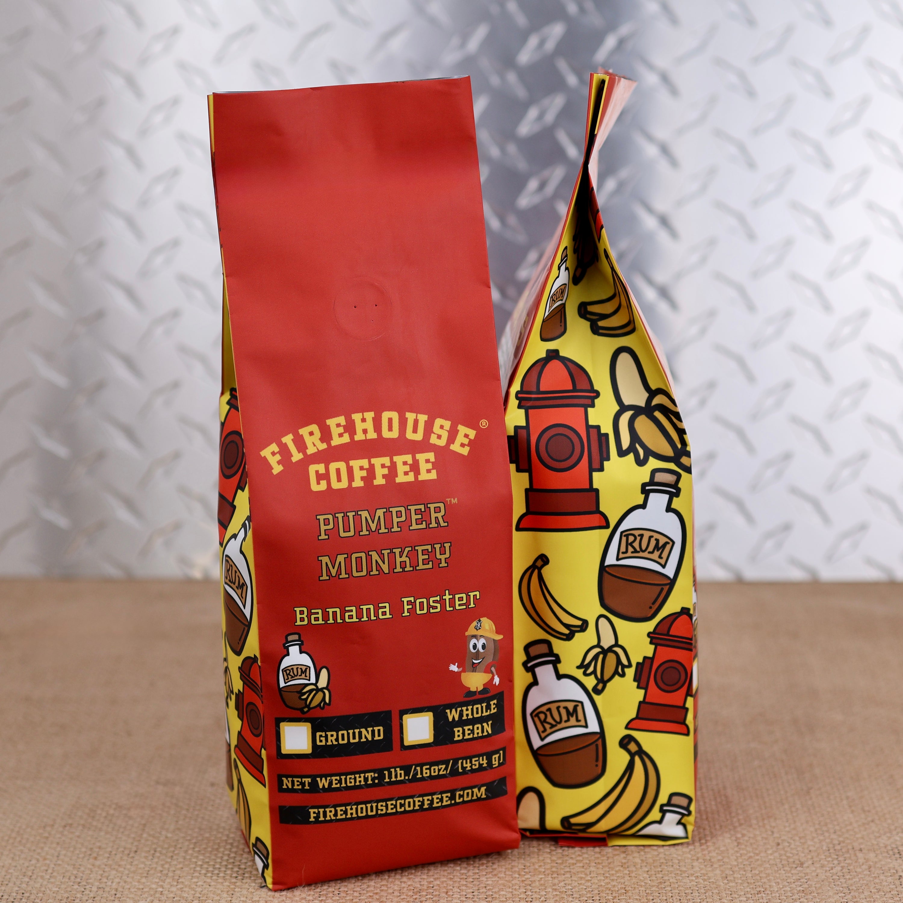 1 lb Pumper Monkey Banana Foster Flavored Coffee bag with whole bean and ground options by Firehouse Coffee