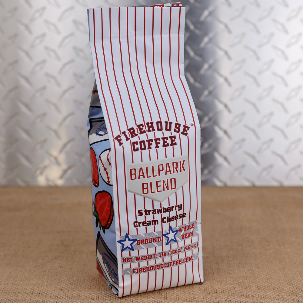 Firehouse Coffee Ballpark Blend Strawberry Cream Cheese Flavored Coffee bag with strawberries, baseballs and cream cheese design