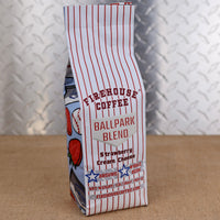 Firehouse Coffee Ballpark Blend Strawberry Cream Cheese Flavored Coffee bag with strawberries, baseballs and cream cheese design