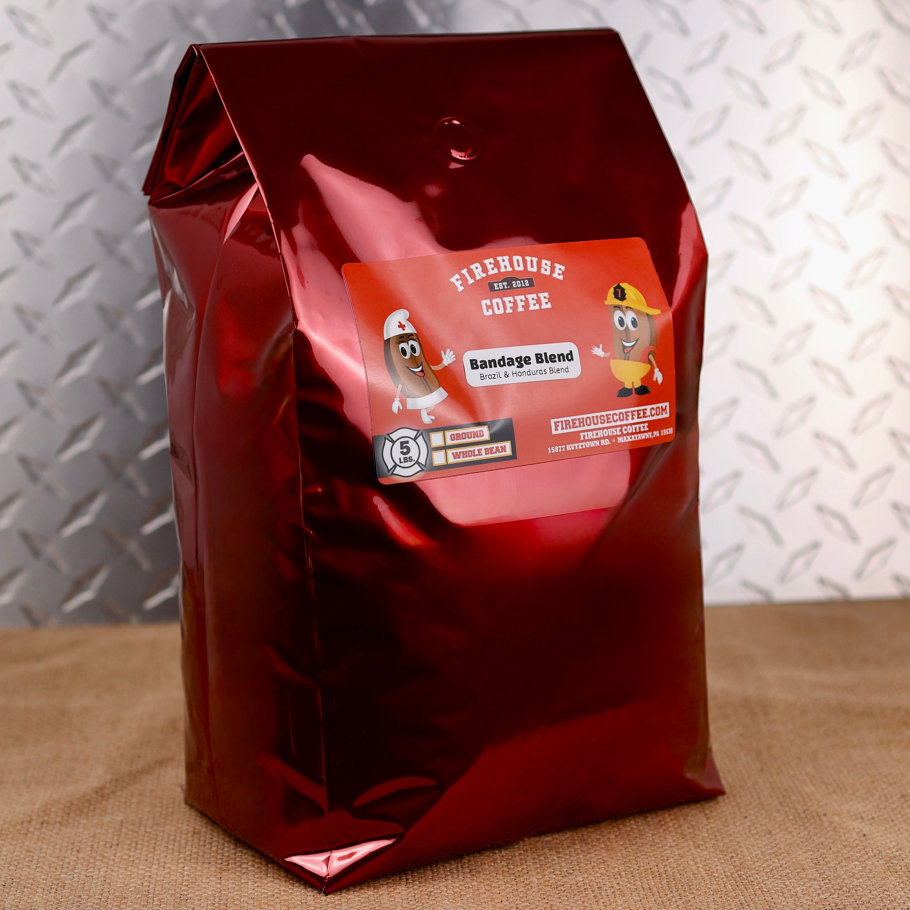 Firehouse Coffee Bandage Blend Brazil & Honduras Coffee Blend, premium 5 lb bag of freshly roasted specialty coffee crafted from Brazilian and Honduran Arabica beans. This smooth medium roast delivers notes of milk chocolate, roasted nuts, caramel, and a clean, balanced finish. Available in whole bean or ground, it's perfect for coffee lovers searching for Brazil coffee, Honduras coffee, fresh roasted coffee, medium roast coffee, gourmet coffee, whole bean coffee, and specialty coffee blends.