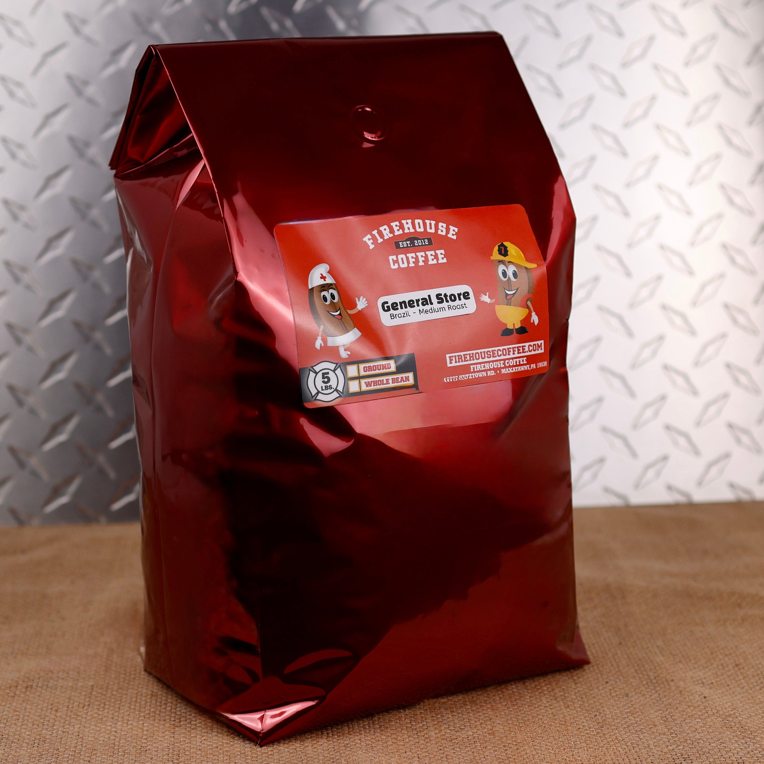 Firehouse Coffee General Store Brazil Medium Roast, premium 5 lb Bag freshly roasted Brazilian coffee featuring smooth milk chocolate, caramel sweetness, toasted nuts, and a balanced medium roast profile. Available in whole bean or ground for peak freshness.