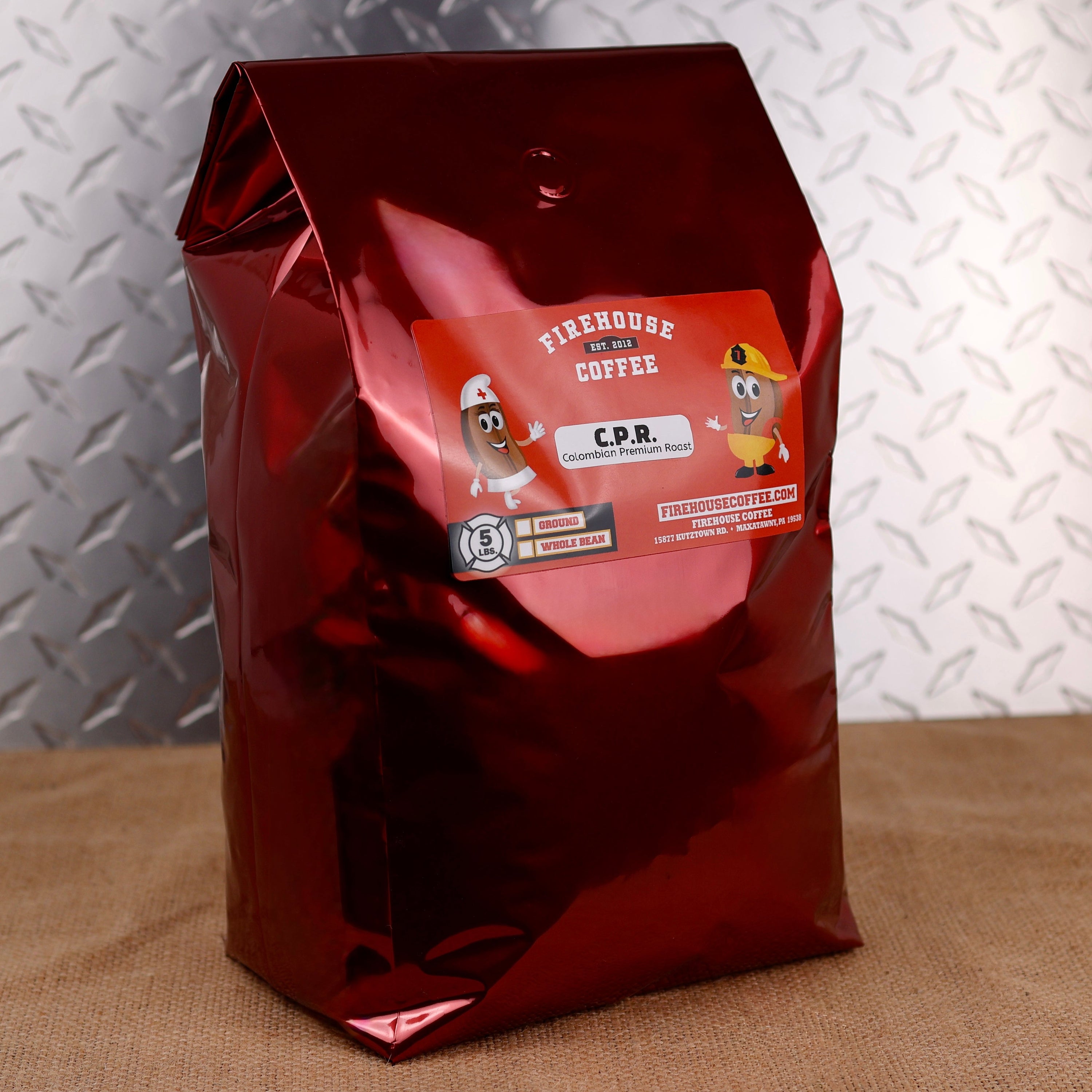 Firehouse Coffee C.P.R. Colombian Premium Roast Coffee, premium 5 lb freshly roasted Colombian coffee with a smooth, medium-bodied profile, rich cocoa and caramel notes, bright aroma, and clean finish. Available in whole bean or ground, this gourmet specialty coffee is perfect for coffee lovers searching for Colombian coffee, premium roast coffee, fresh roasted coffee, specialty coffee, whole bean coffee, and gourmet ground coffee.