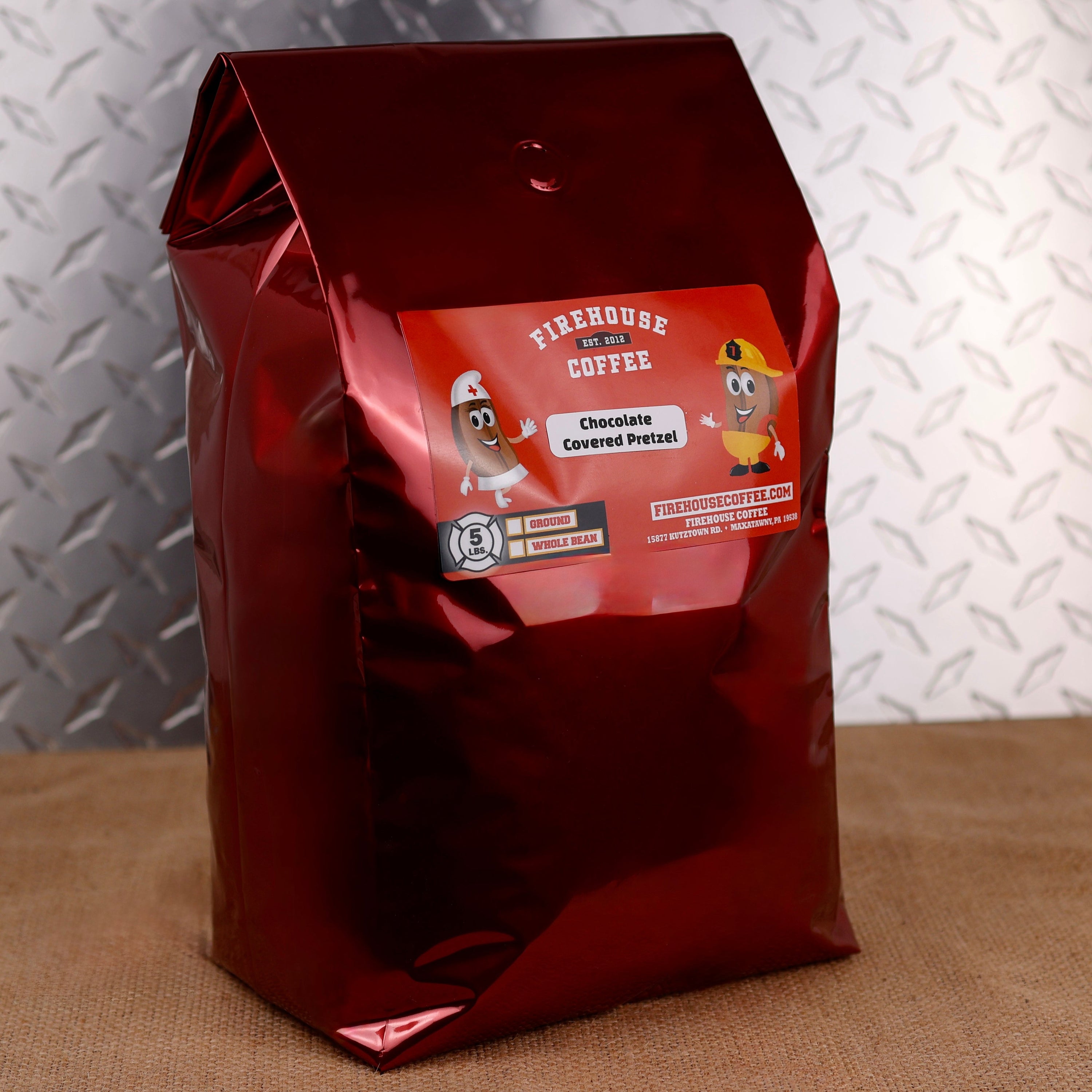 Firehouse Coffee Chocolate Covered Pretzel Flavored Coffee in a 5 lb bag, freshly roasted gourmet coffee with rich chocolate, crunchy pretzel, buttery caramel, and lightly salted flavors. Available in whole bean or ground, this premium flavored coffee is perfect for home, office, cafés, restaurants, and coffee lovers searching for chocolate coffee, chocolate pretzel coffee, dessert coffee, flavored coffee, and gourmet coffee.