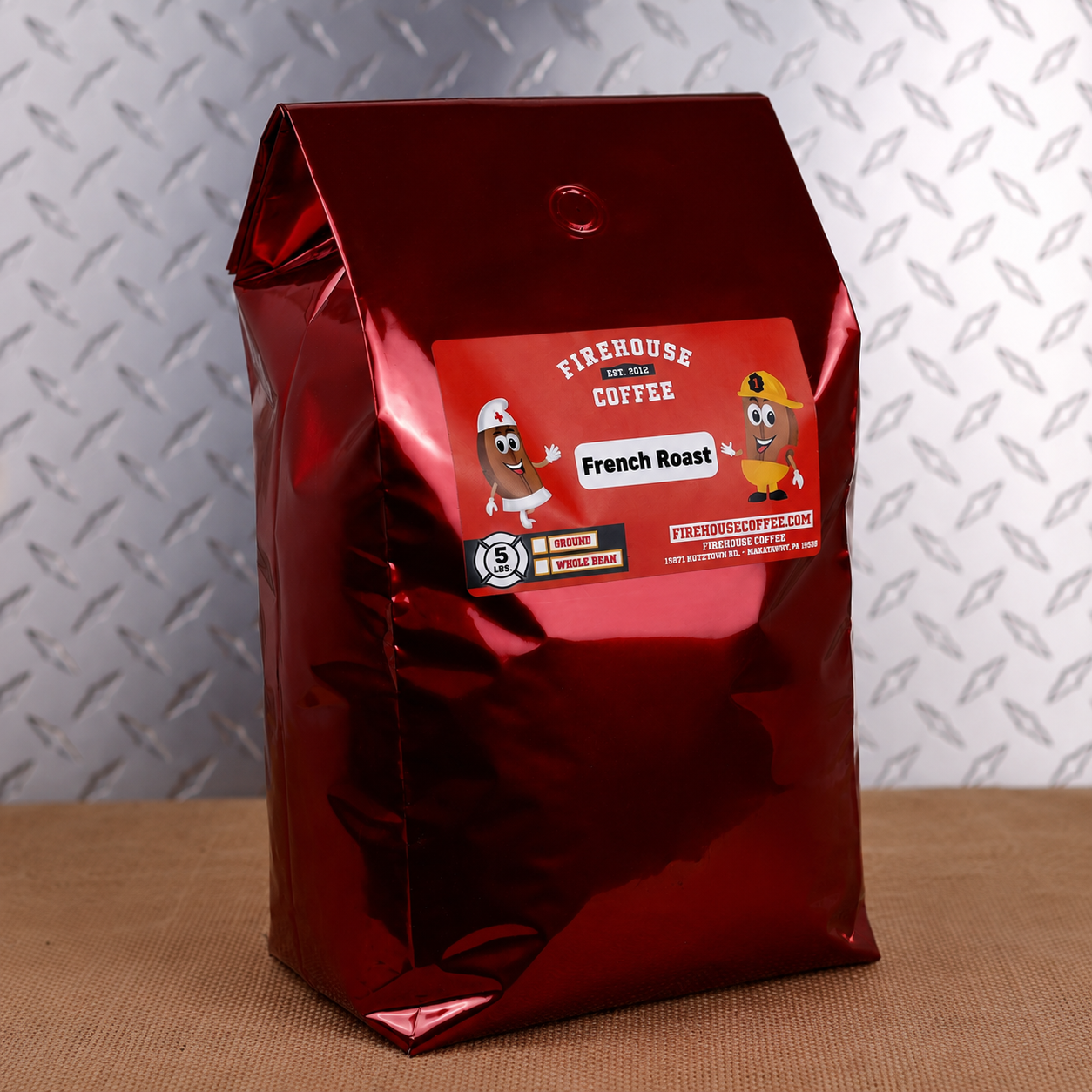 Firehouse Coffee Coroner Coffee French Roast in a 5 lb bag, freshly roasted premium French roast coffee with a bold smoky flavor, rich dark chocolate notes, low acidity, and a smooth full-bodied finish. Available in whole bean or ground.