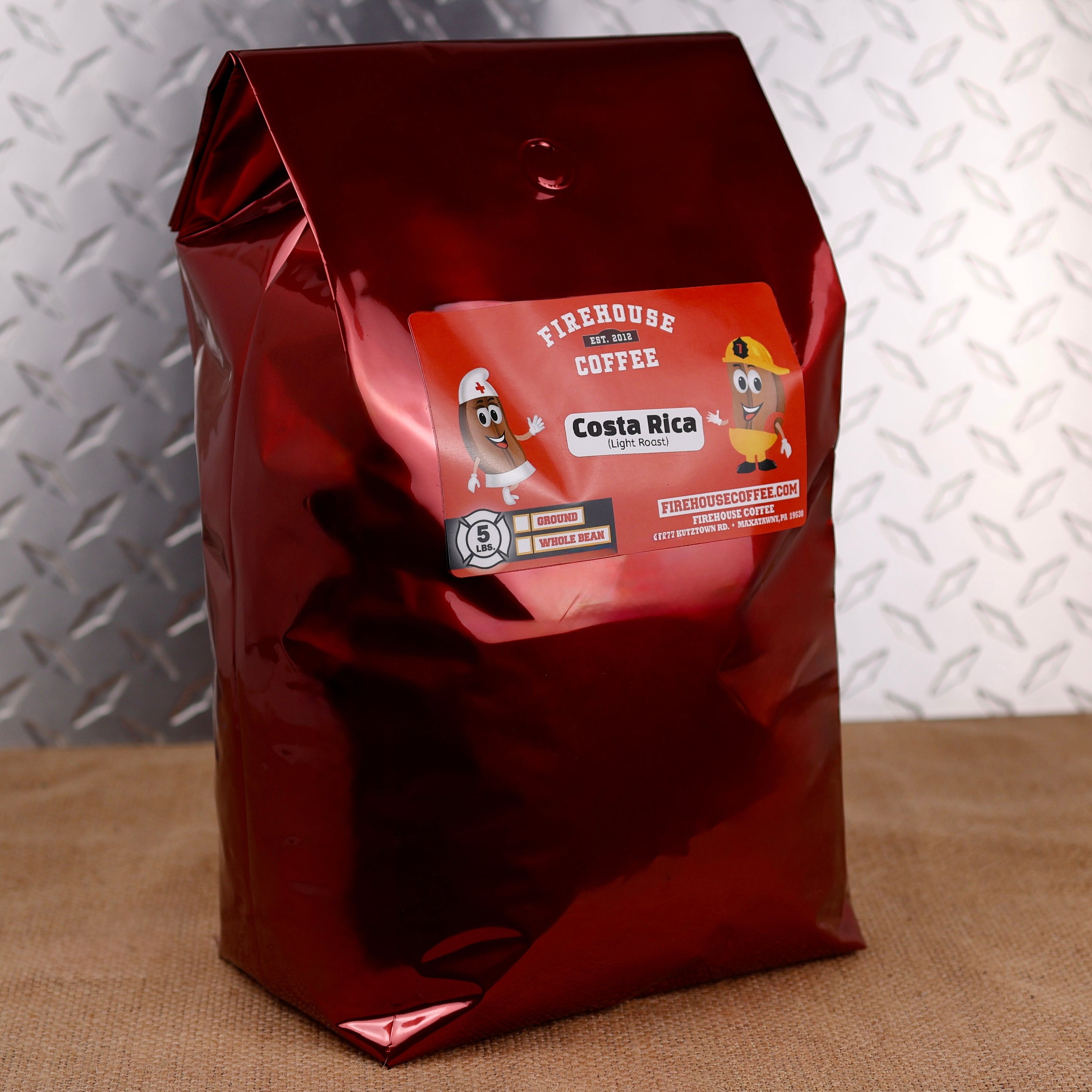 Firehouse Coffee Medic Costa Rica Medium Roast Coffee, premium 5 lb freshly roasted single-origin Costa Rican coffee with a smooth, balanced flavor, bright citrus acidity, sweet caramel notes, and a clean finish. Available in whole bean or ground, this artisan specialty coffee is perfect for coffee lovers searching for Costa Rica coffee, medium roast coffee, gourmet coffee, fresh roasted coffee, and specialty single-origin coffee.