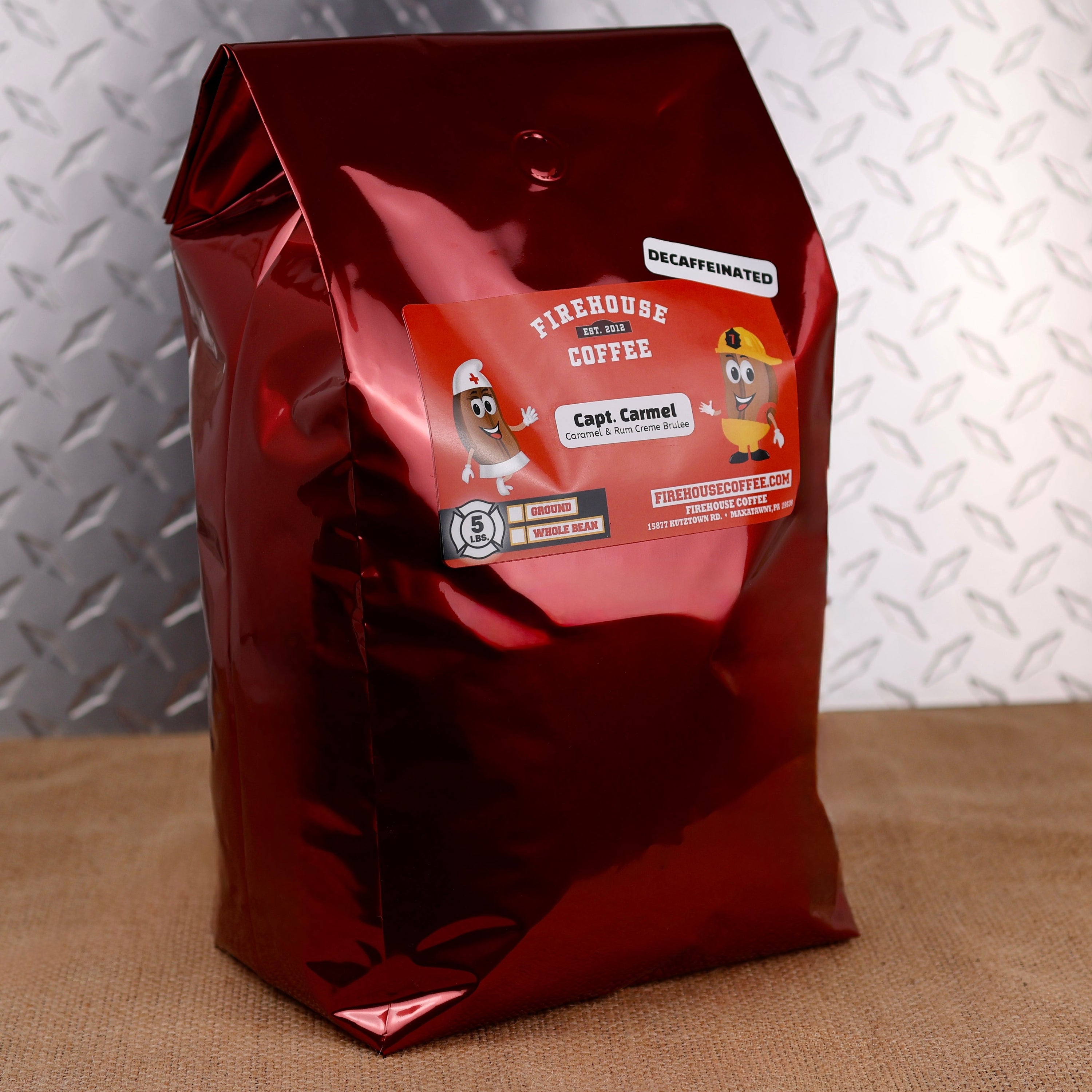 Firehouse Coffee Captain Caramel™ Decaf Caramel & Rum Crème Brûlée flavored coffee in a 5 lb bulk bag delivers rich caramel sweetness, creamy vanilla custard, and smooth rum-inspired flavor in every freshly roasted cup. Available in whole bean or ground.