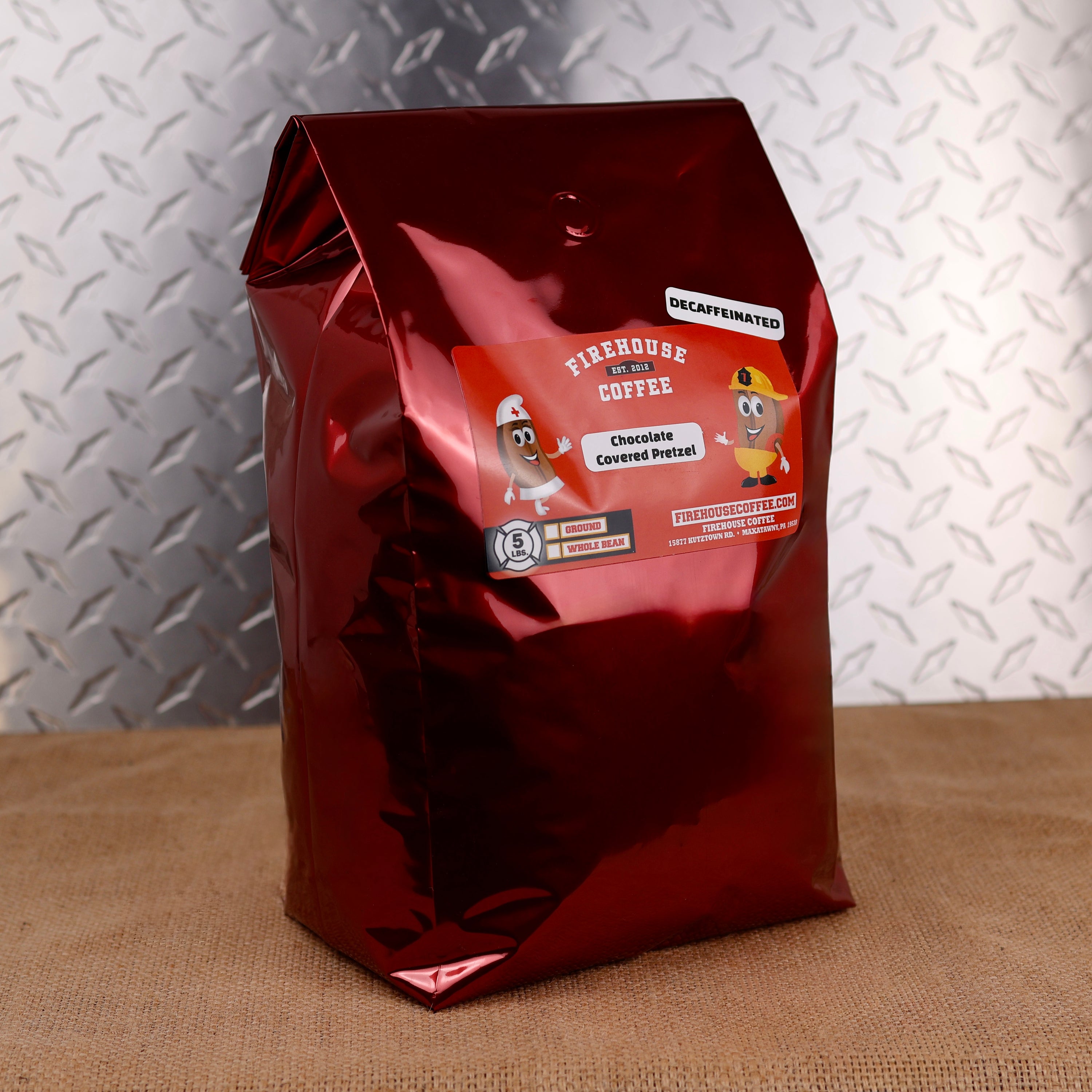 5lb bag Firehouse Coffee Chocolate Covered Pretzel Decaf flavored coffee, premium 100% Arabica coffee naturally decaffeinated using the Swiss Water Process, delivering smooth chocolate and warm buttery pretzel flavors in every cup.