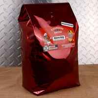 5lb Bag Firehouse Coffee Decaf Eggnog Crème Brûlée flavored coffee naturally decaffeinated using the Swiss Water Process, offering rich eggnog, vanilla custard, cinnamon, nutmeg, and caramel flavors in a freshly roasted premium coffee blend.