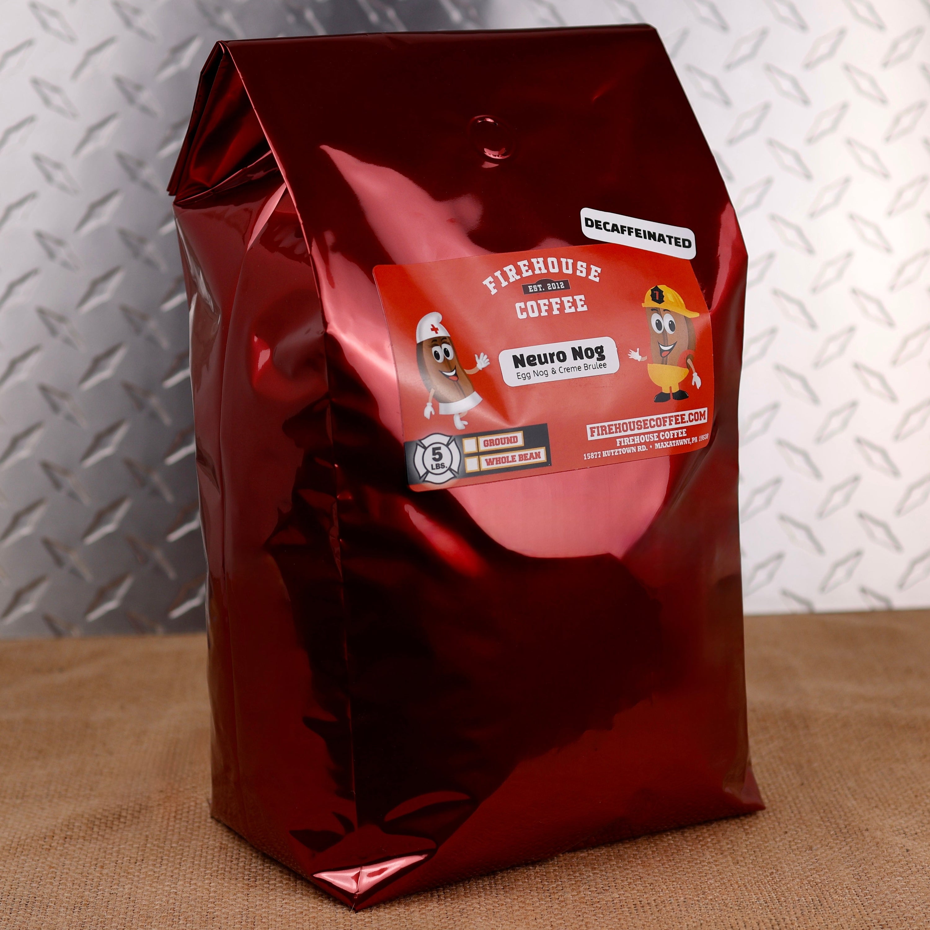 5lb Bag Firehouse Coffee Decaf Eggnog Crème Brûlée flavored coffee naturally decaffeinated using the Swiss Water Process, offering rich eggnog, vanilla custard, cinnamon, nutmeg, and caramel flavors in a freshly roasted premium coffee blend.