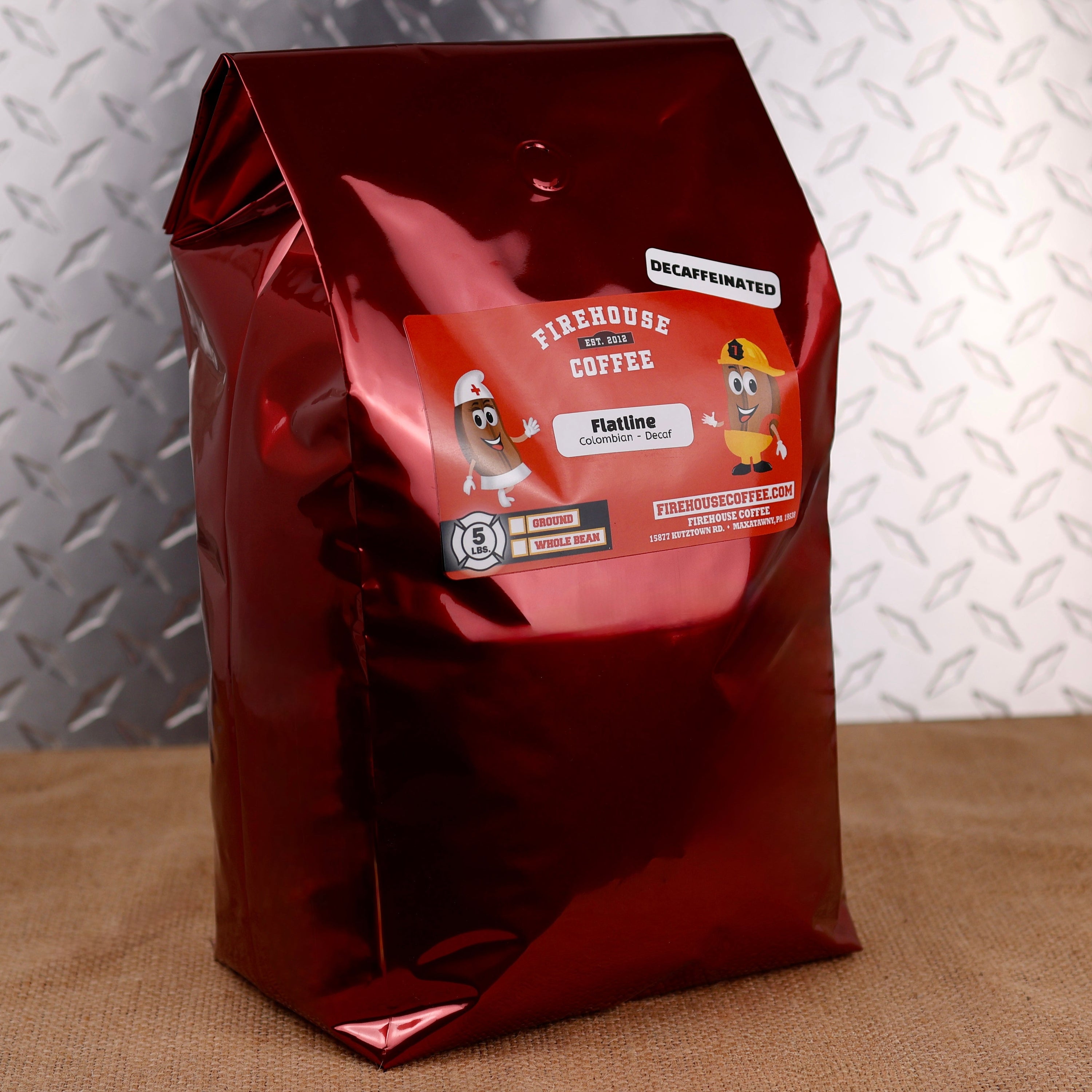 Firehouse Coffee Flatline Decaf Colombian Coffee represents a flatline monitor heart monitor showcasing Swiss Water® Process decaffeinated Colombian coffee with a smooth medium roast, bright acidity, and chocolate-caramel flavor.