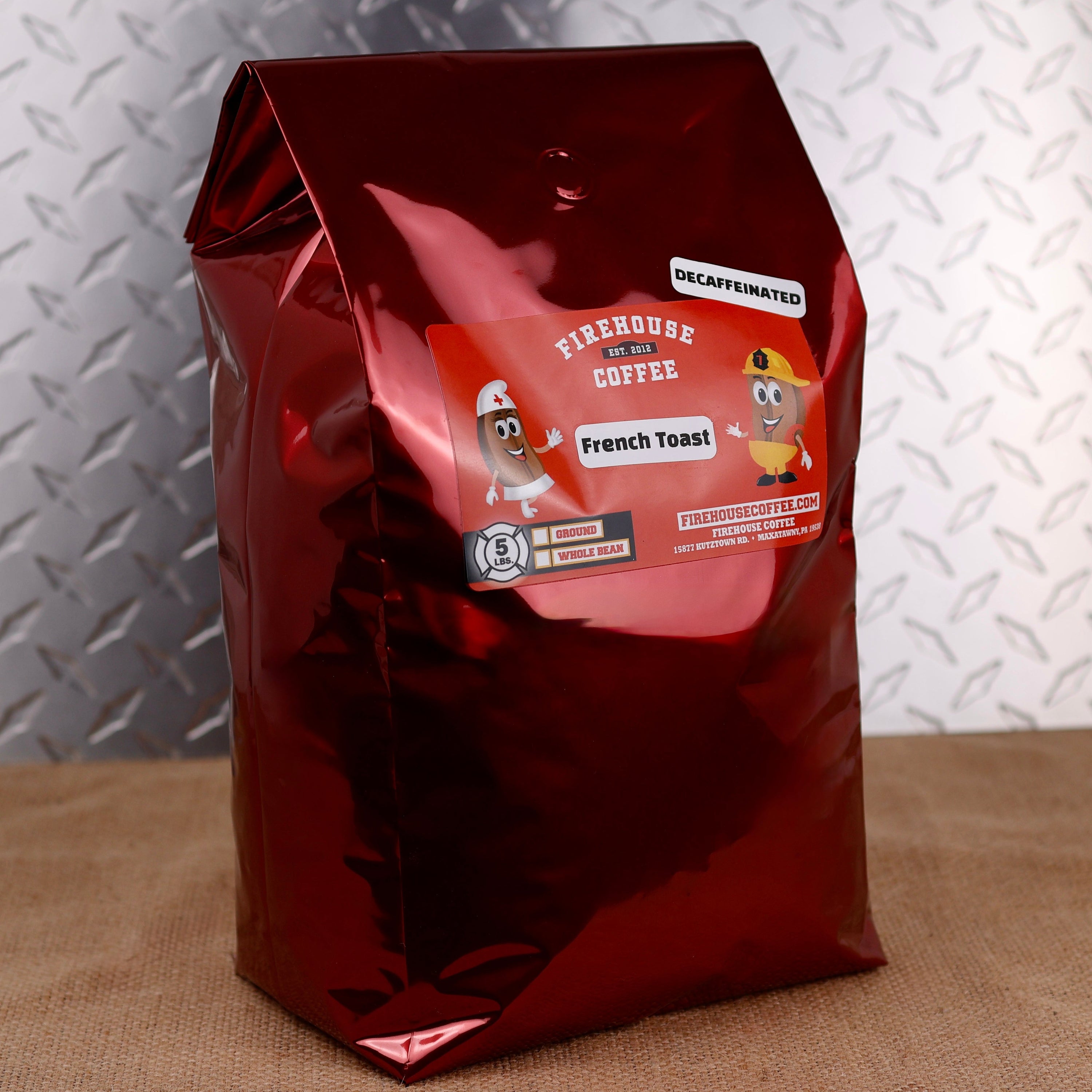 5lb bag of Firehouse Coffee French Toast Decaf Coffee made with Swiss Water Process decaffeinated beans and flavored with buttery French toast, sweet maple syrup, warm cinnamon, and creamy vanilla. Premium flavored coffee for breakfast lovers.