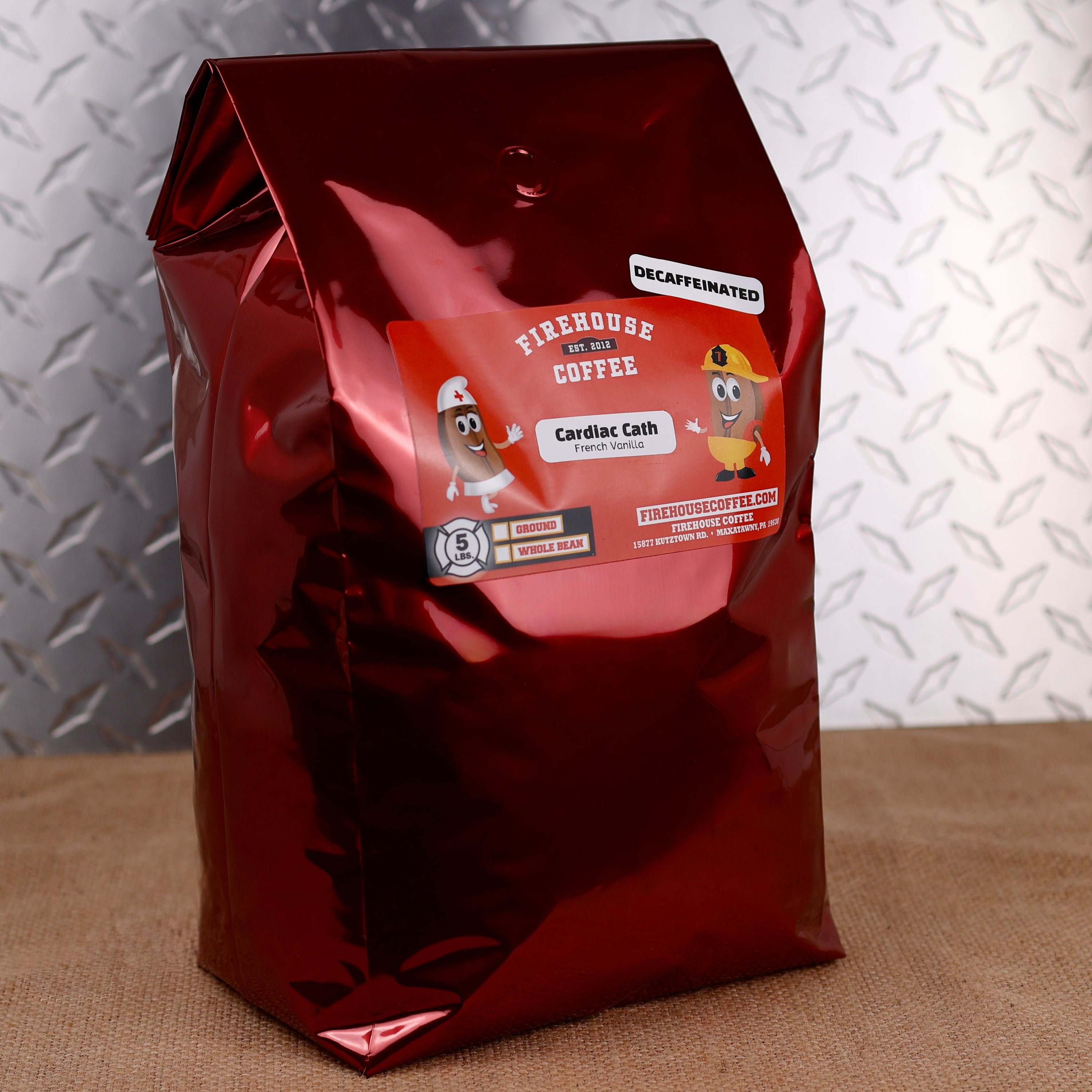 5lb Bag of Firehouse Coffee Decaf French Vanilla Custard flavored coffee, naturally decaffeinated using the Swiss Water Process, offering rich vanilla custard, creamy French vanilla, and smooth medium roast flavor.