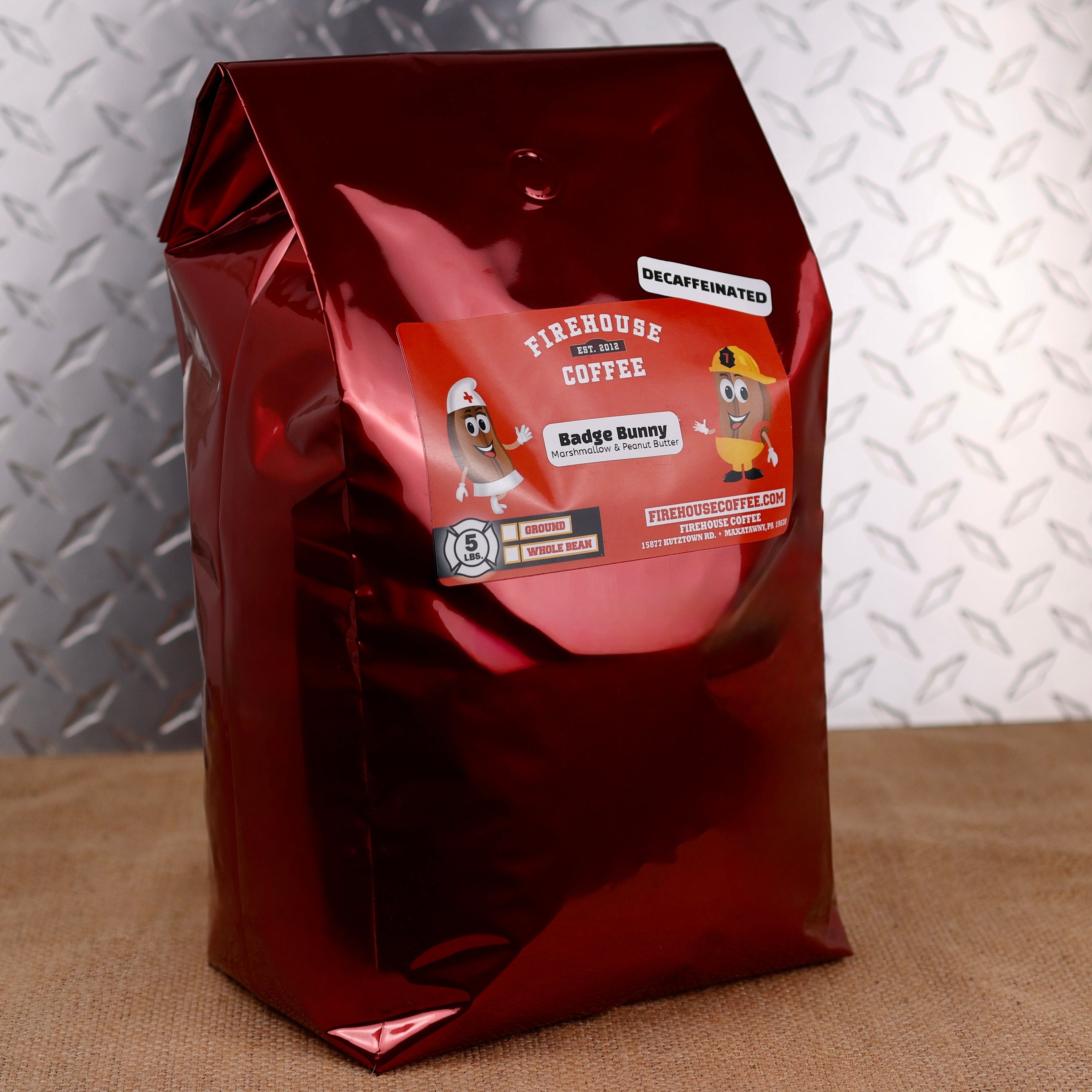 Premium 5 lb bag of Firehouse Coffee Badge Bunny™ flavored coffee featuring delicious peanut butter and marshmallow flavor. Fresh roasted gourmet coffee ideal for restaurants, fire departments, cafés, and home brewing.