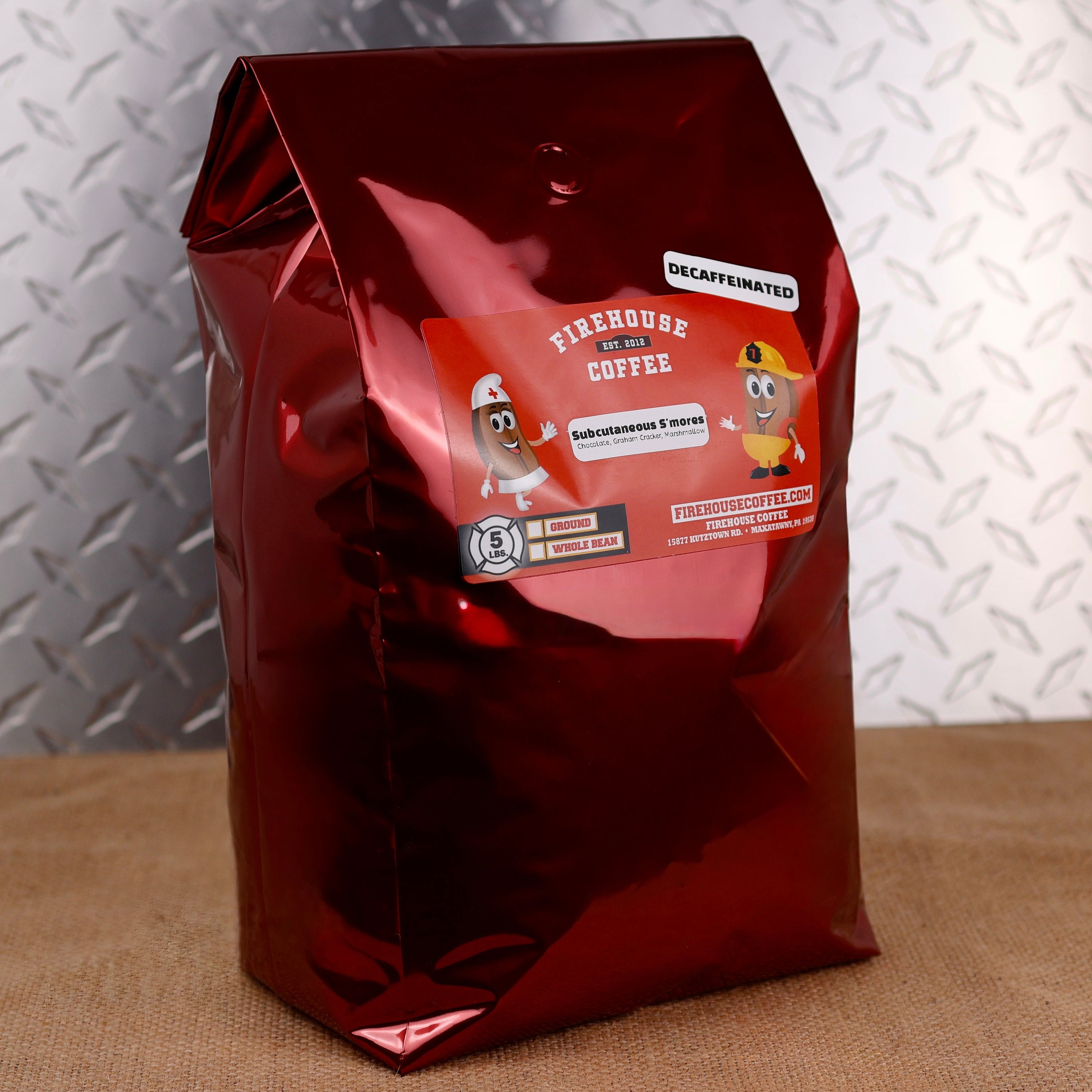 5lb Bag Firehouse Coffee Decaf S'mores coffee naturally decaffeinated using the Swiss Water Process, offering rich marshmallow, chocolate, and graham cracker flavors in a freshly roasted premium coffee blend.
