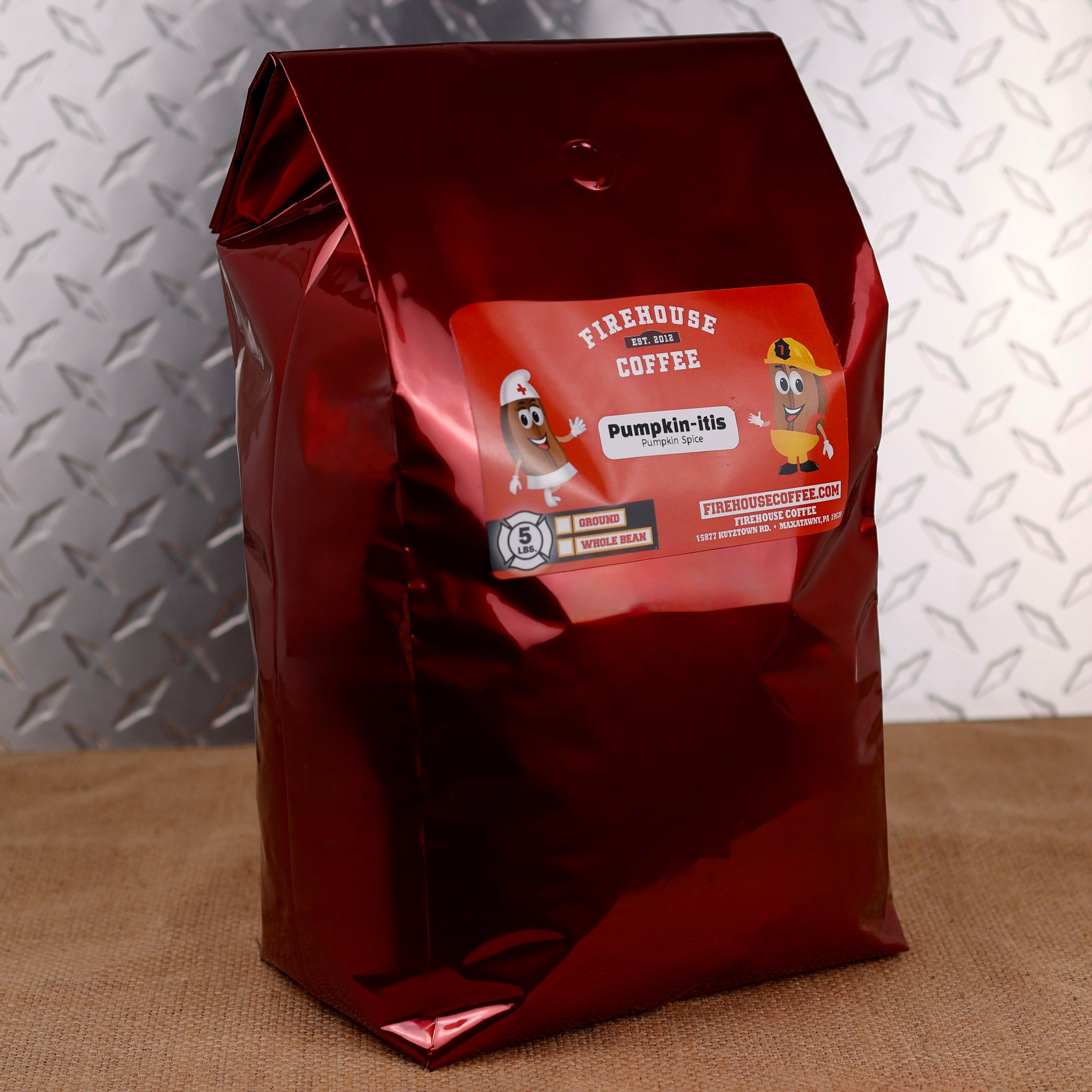 Premium Firehouse Coffee Pumpkin-itis Pumpkin Spice flavored coffee in a 5 lb bag with smooth pumpkin spice flavor and warm fall baking spices, freshly roasted for a rich seasonal coffee experience in whole bean or ground.