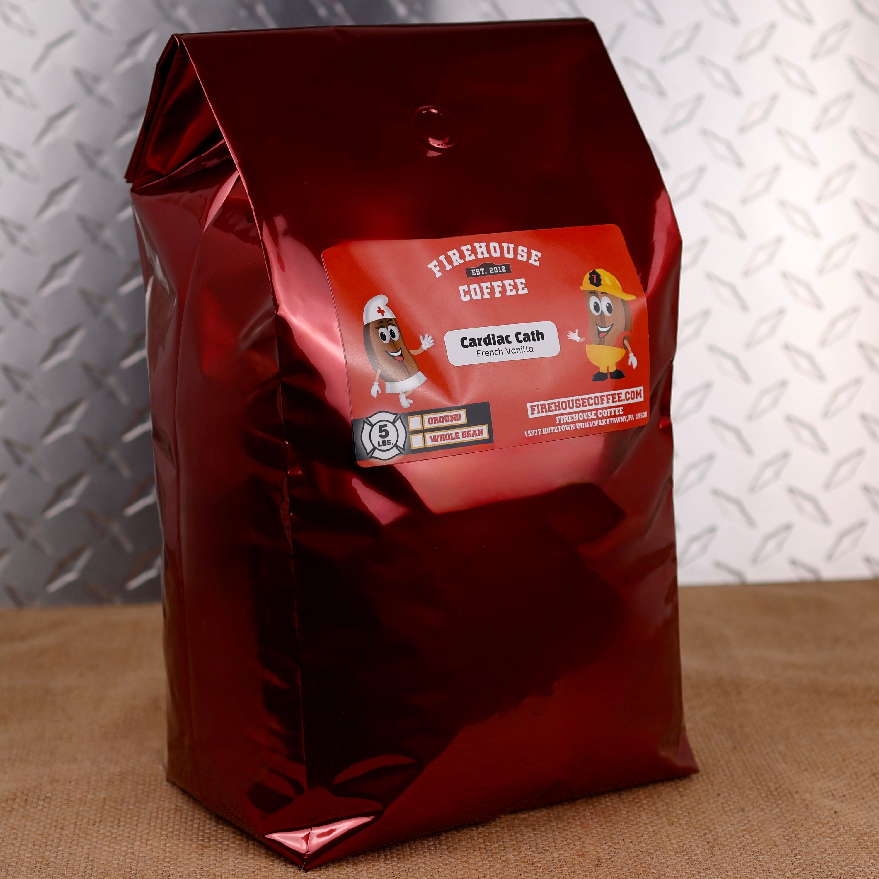 Firehouse Coffee Cardiac Cath French Vanilla Flavored Coffee in a 5 lb bag, freshly roasted gourmet coffee with rich, creamy French vanilla flavor and a smooth aroma. Available in whole bean or ground, this premium flavored coffee is ideal for homes, offices, cafés, fire stations, restaurants, and coffee lovers seeking the classic taste of French vanilla.