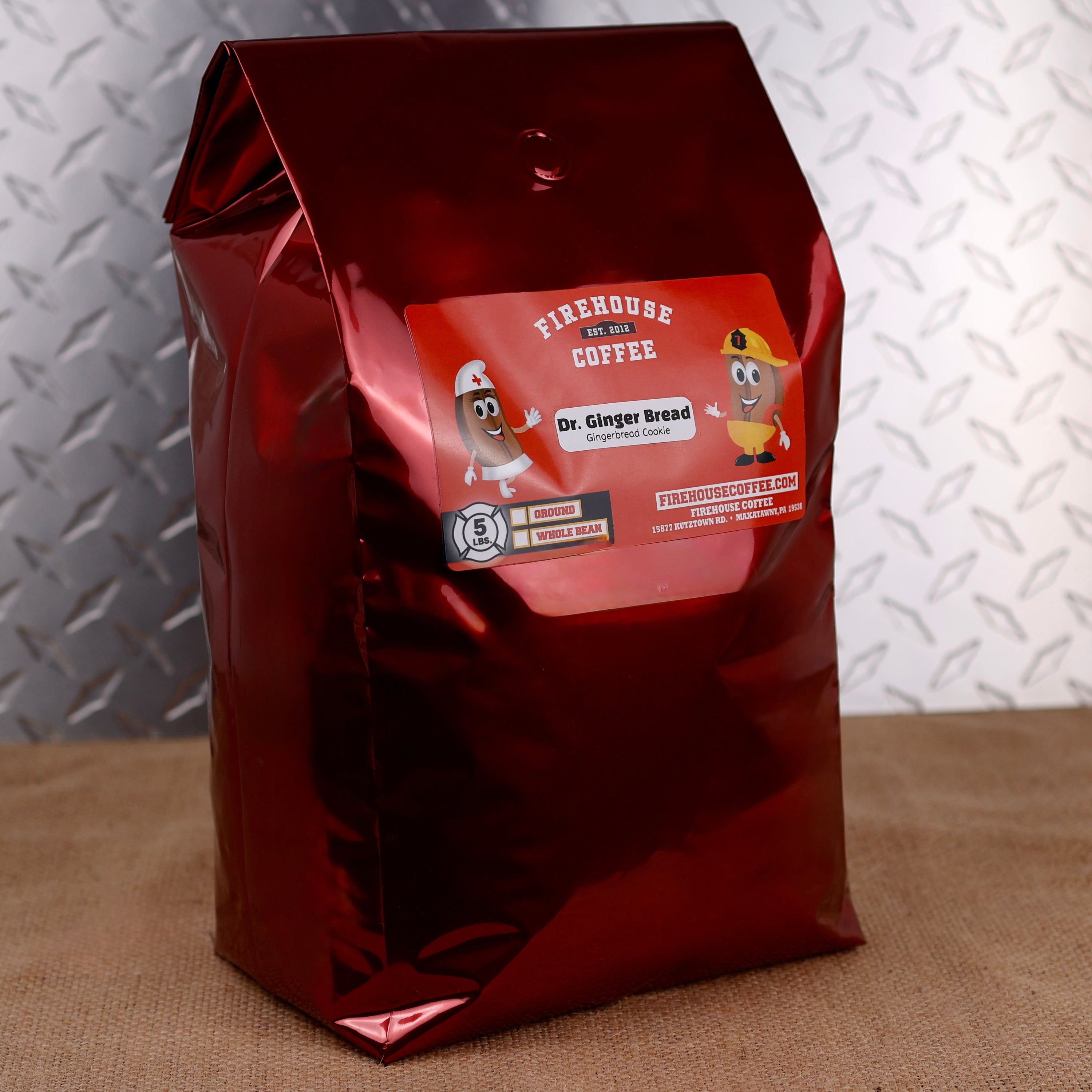 Firehouse Coffee Dr. Ginger Bread Gingerbread Cookie Flavored Coffee in a 5 lb bag, freshly roasted gourmet coffee with classic gingerbread cookie flavor, notes of cinnamon, ginger, cloves, molasses, and vanilla. Available in whole bean or ground, this premium holiday coffee is perfect for homes, offices, cafés, restaurants, and anyone who loves festive seasonal coffee flavors.