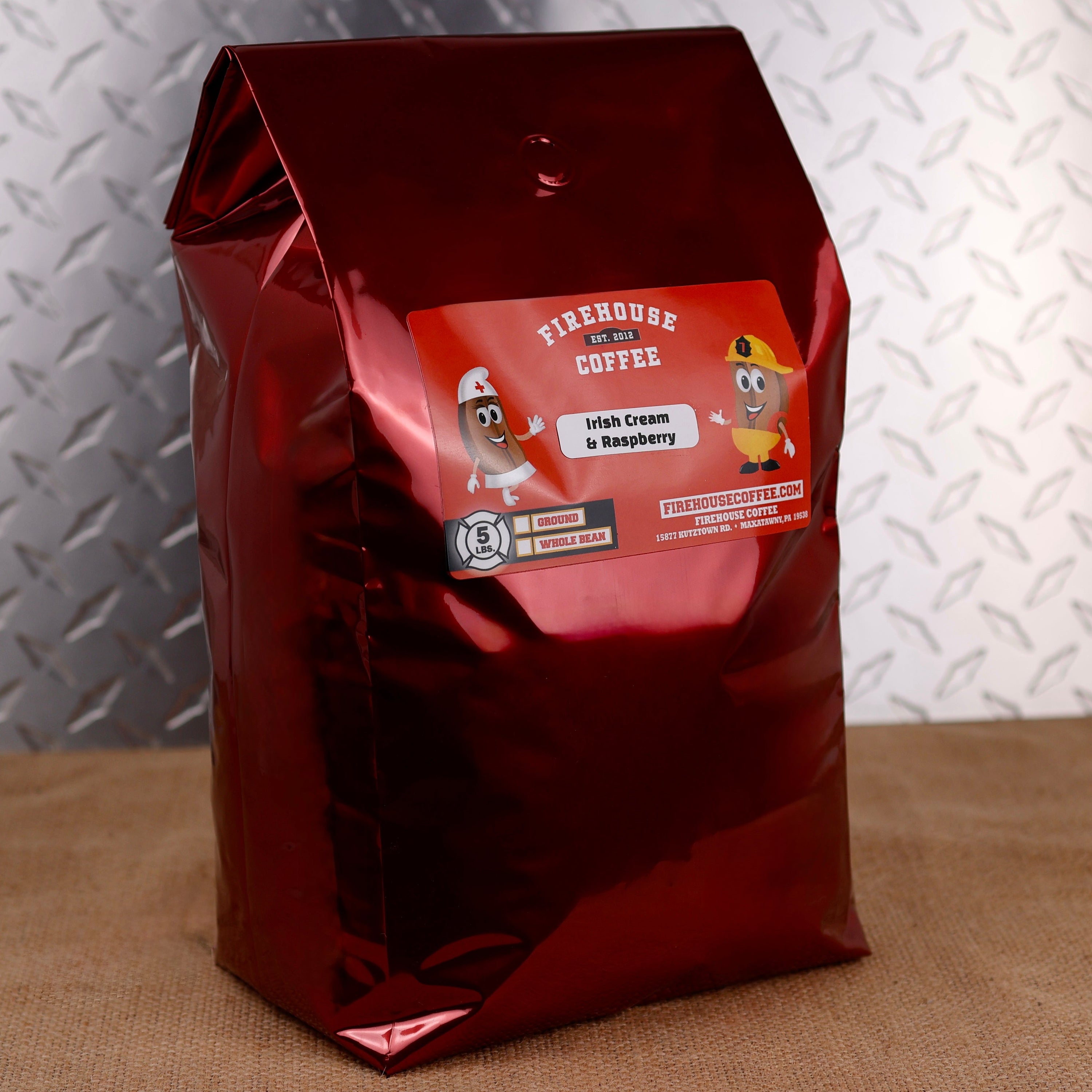 Firehouse Coffee Irish Cream & Raspberry Flavored Coffee 5 lb bag – freshly roasted gourmet coffee with creamy Irish cream and vibrant raspberry flavors. Available in whole bean or ground, this premium flavored coffee delivers a smooth, rich, and fruity coffee experience for home, office, cafés, and coffee lovers.