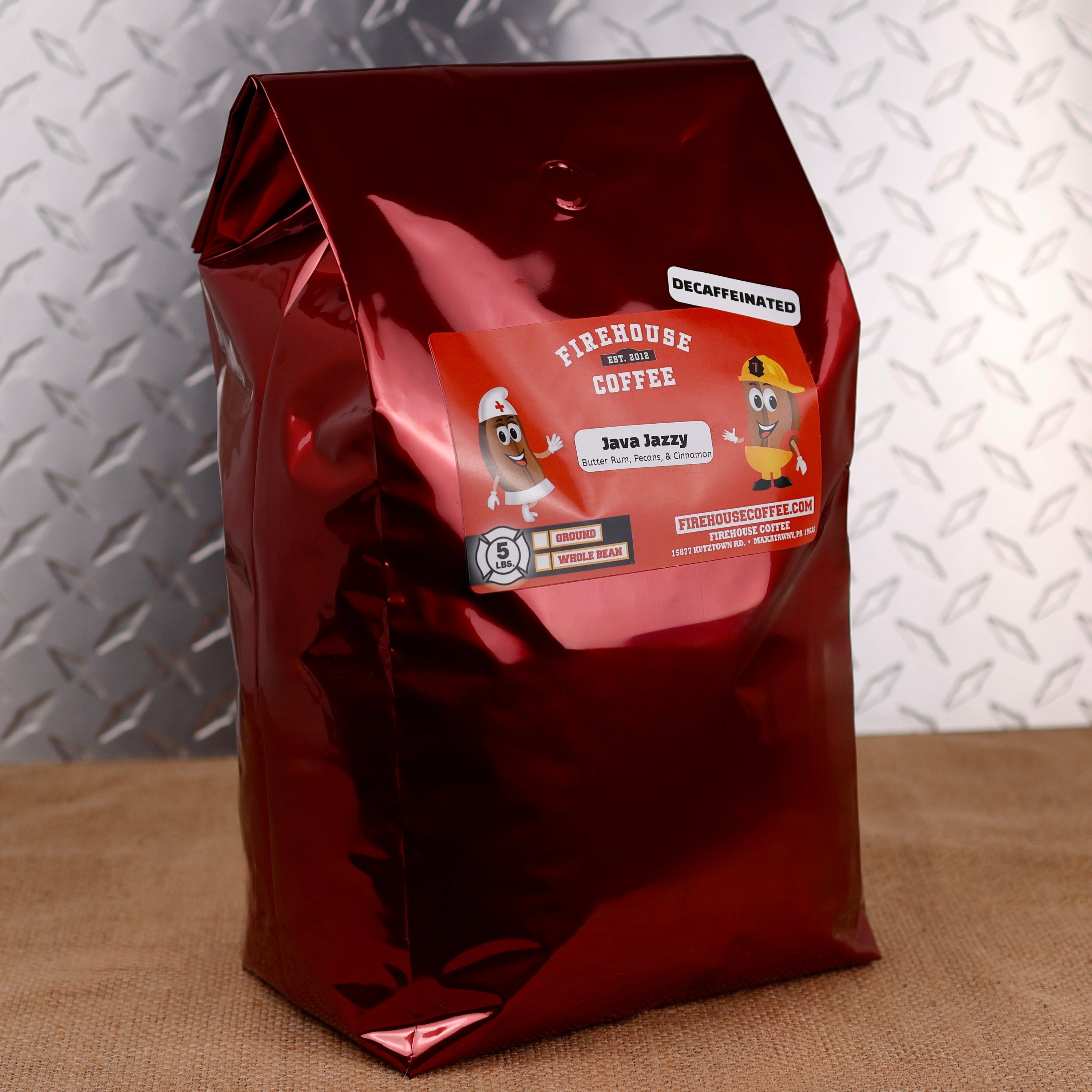 Firehouse Coffee Java Jazzy™ Decaf Butter Rum, Cinnamon & Pecan coffee in a 5 lb bulk bag blends buttery rum flavor with warm cinnamon and toasted pecans in a freshly roasted gourmet decaffeinated coffee. Available in whole bean or ground.
