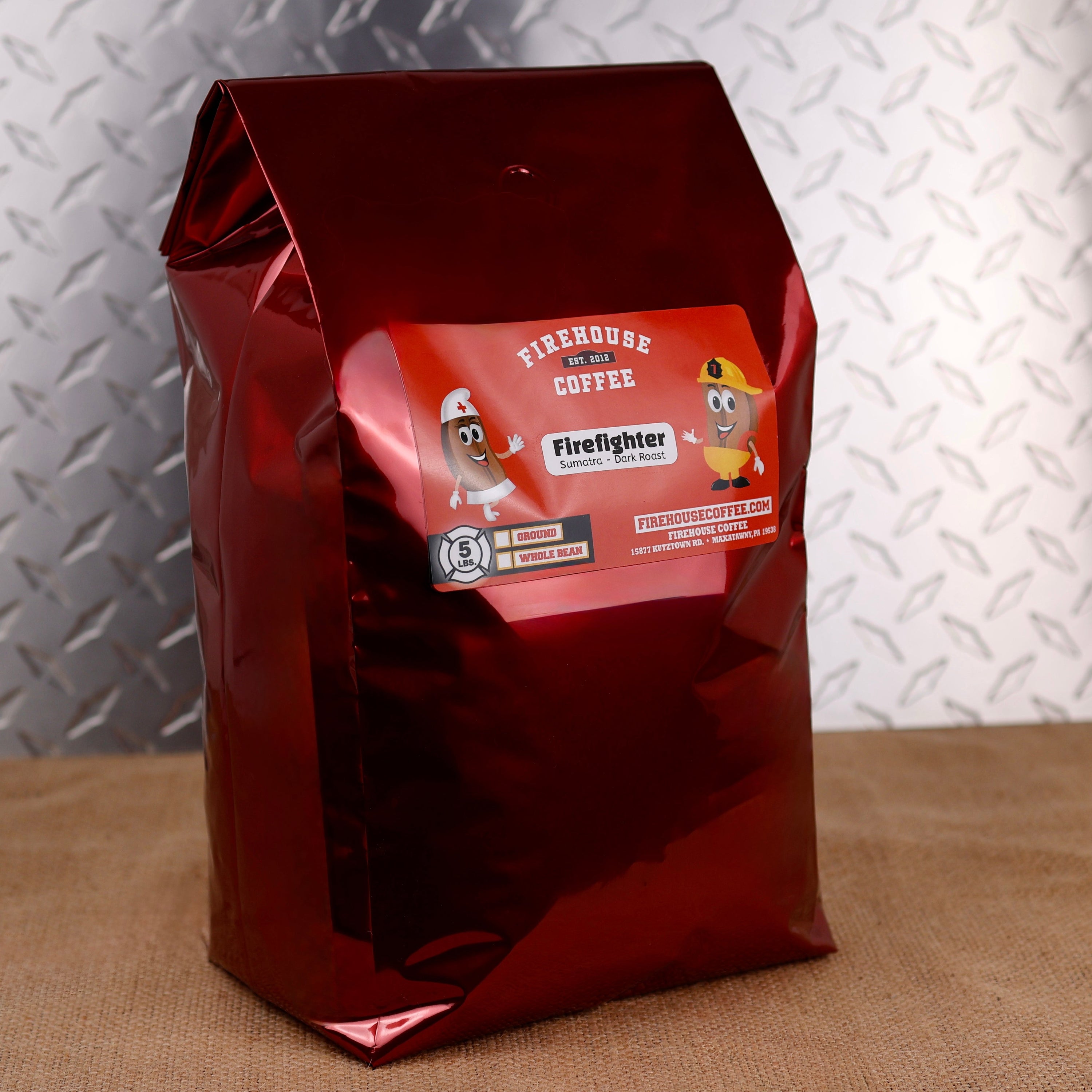 Firehouse Coffee Firefighter Sumatra Dark Roast Coffee in a 5 lb bag, freshly roasted premium Sumatra coffee with bold earthy flavor, rich dark chocolate notes, low acidity, and a smooth full-bodied finish. Available in whole bean or ground.