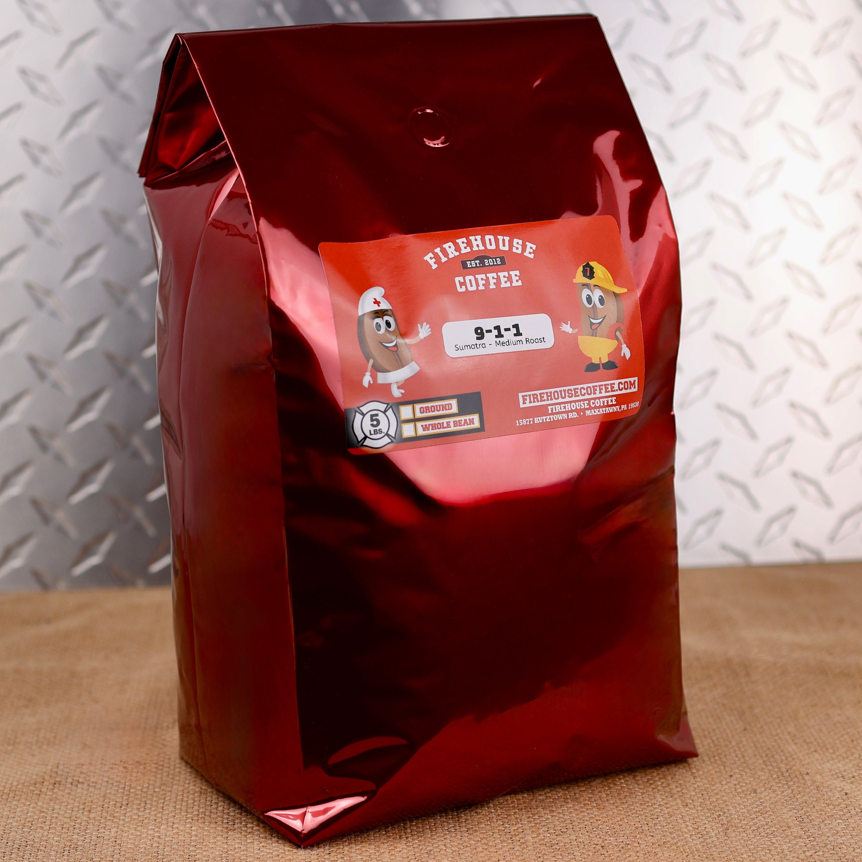 Firehouse Coffee 5-pound Sumatra 911 Medium Roast coffee bag featuring premium Indonesian Sumatra coffee available in whole bean or ground for home, office, or commercial brewing.