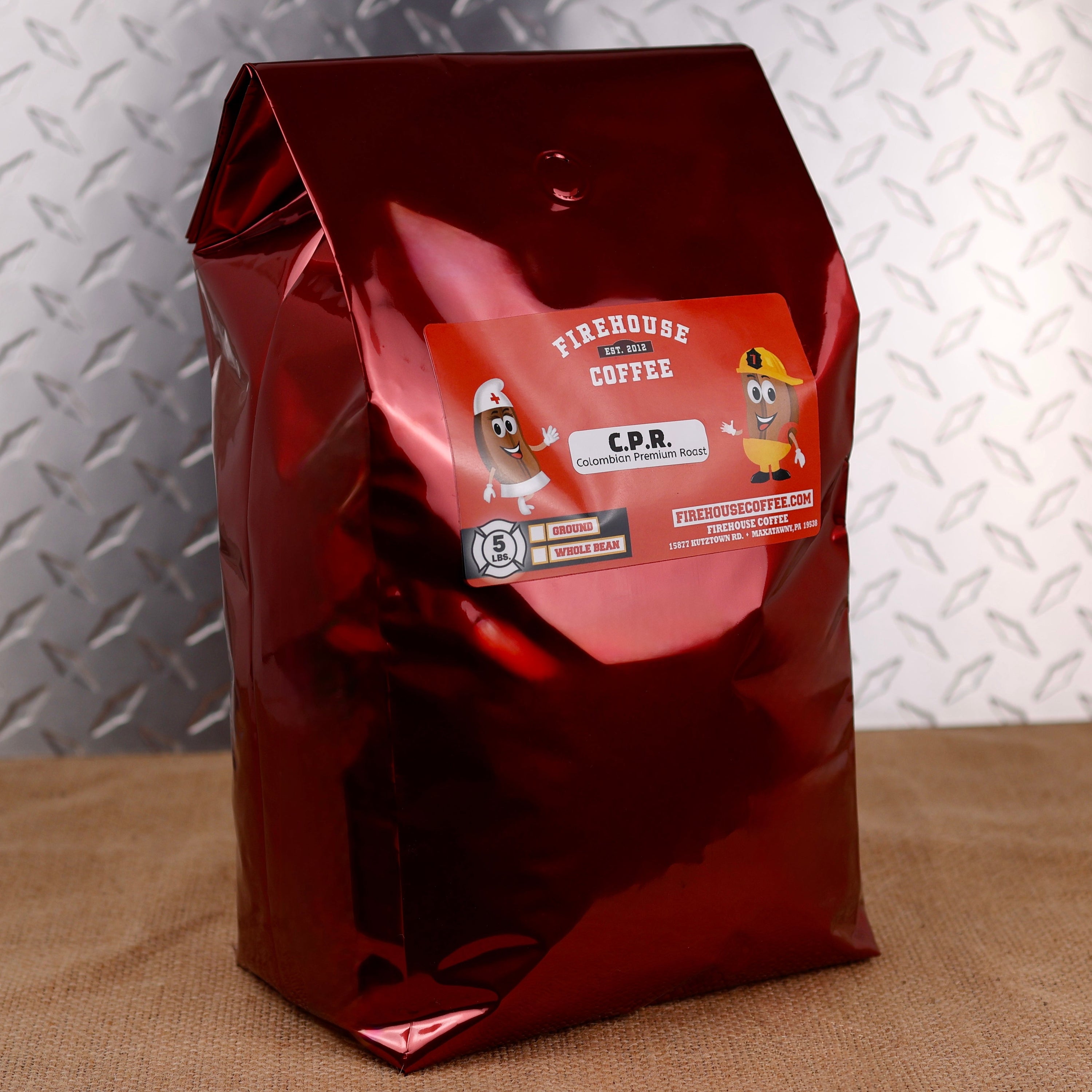 CPR® Colombian Medium Roast Coffee 5 lb bulk coffee bag by Firehouse Coffee, fresh roasted premium Colombian Arabica coffee available in whole bean or ground.