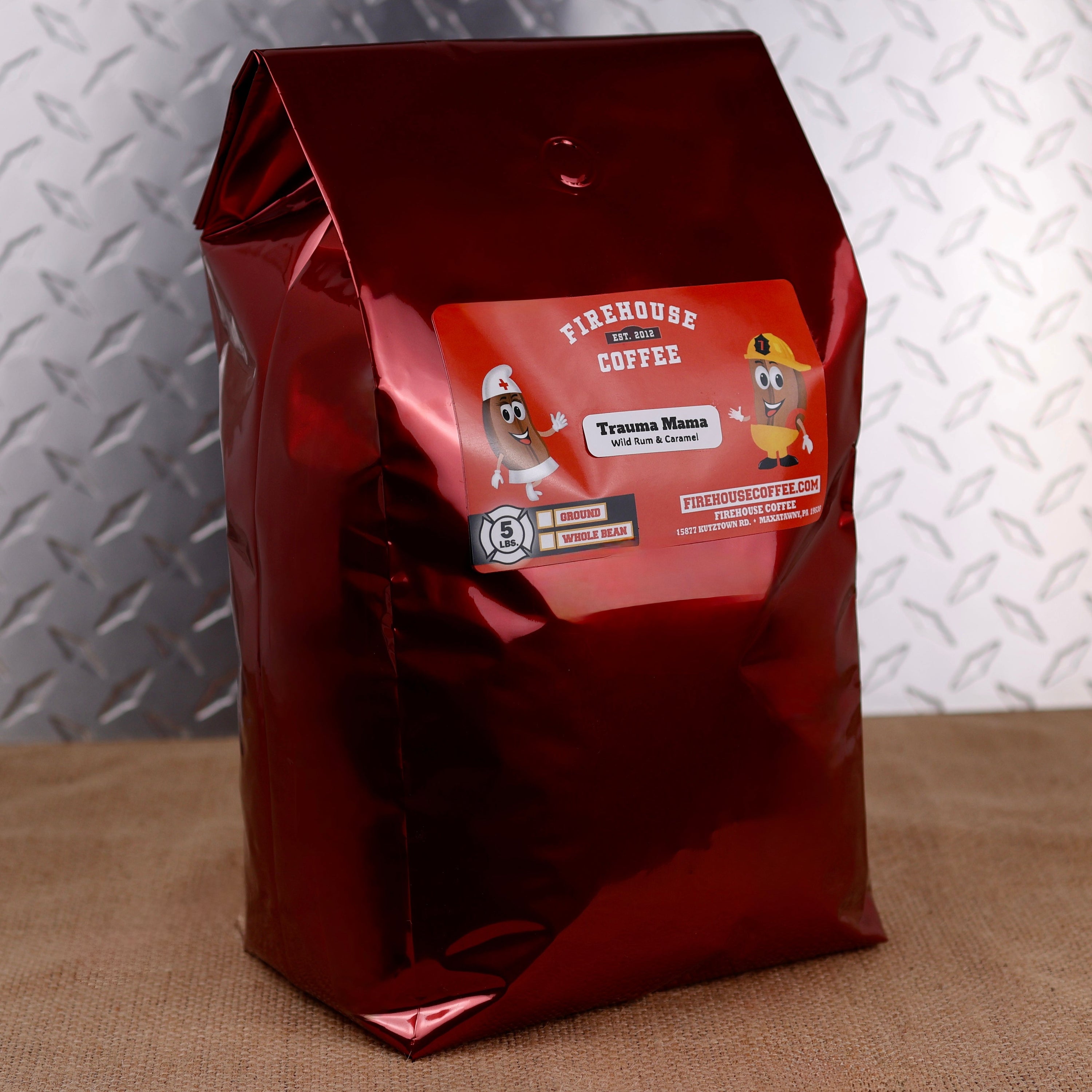 Fuel the entire crew with Trauma Mama® High Caffeine Coffee – 5 lb Bulk Coffee Bag. Freshly roasted premium Arabica coffee infused with smooth aged wild rum and buttery caramel flavors delivers bold, high-caffeine coffee that's perfect for fire stations, offices, restaurants, hospitals, and anyone who needs exceptional coffee in bulk.